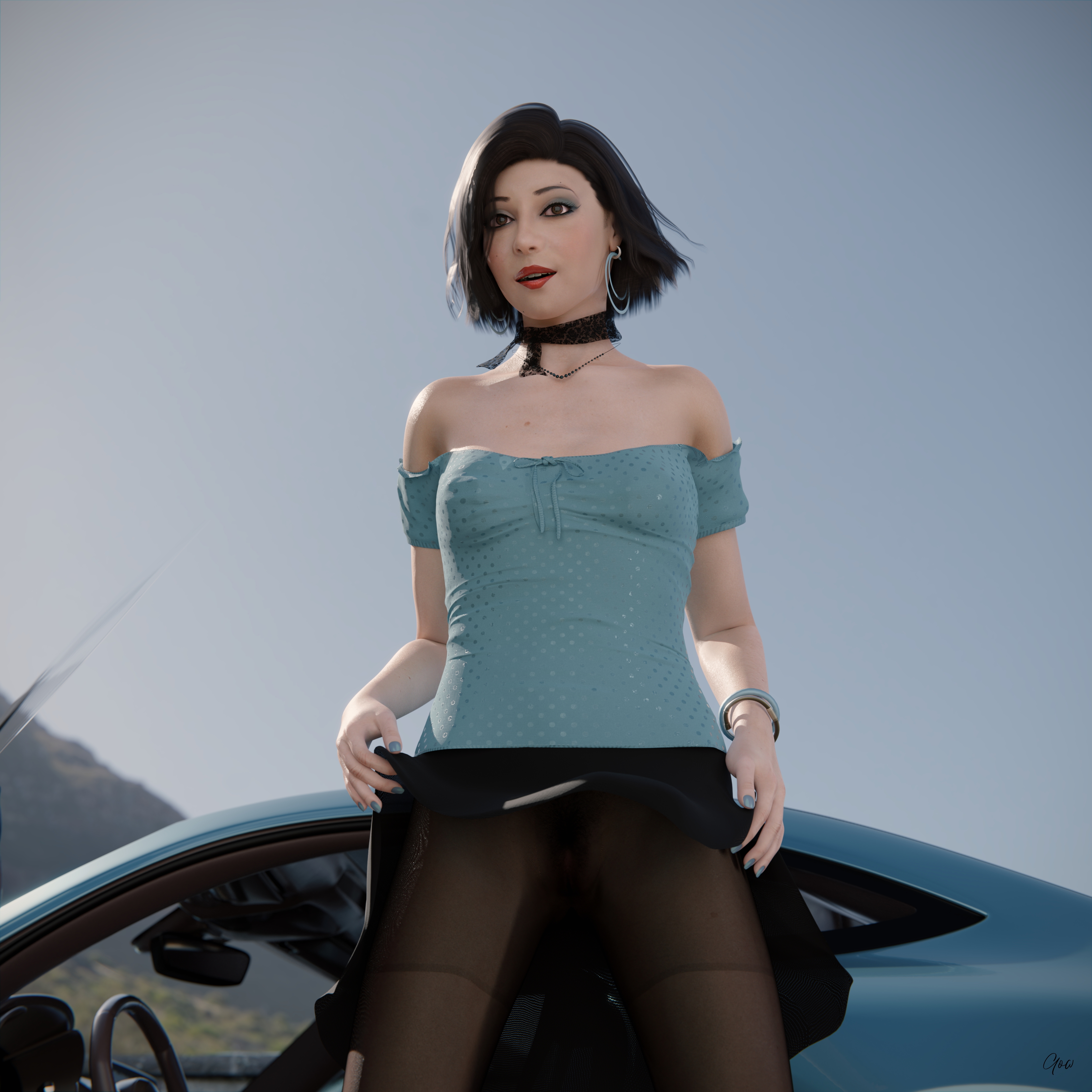 Wind on Blue (Part 2) Original Wife Outdoor Car Milf Sexy Brunette Nylon Pantyhose Upskirt Skirt Undressing Clothed Posing Standing No Panties Party Dress Wet Pussy Sexy Hairy Pussy 4