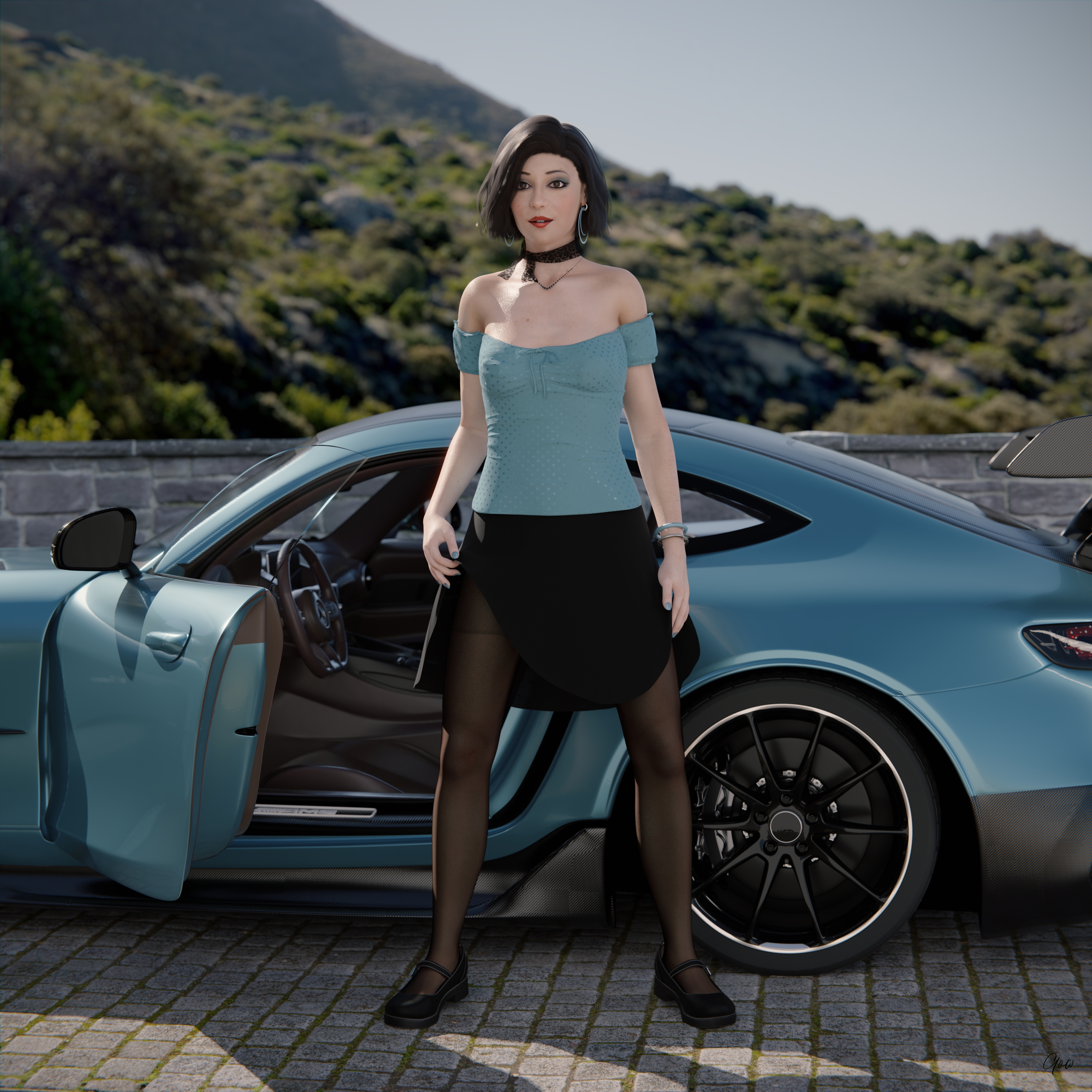 Wind on Blue (Part 2) Original Wife Outdoor Car Milf Sexy Brunette Nylon Pantyhose Upskirt Skirt Undressing Clothed Posing Standing No Panties Party Dress Wet Pussy Sexy Hairy Pussy 5