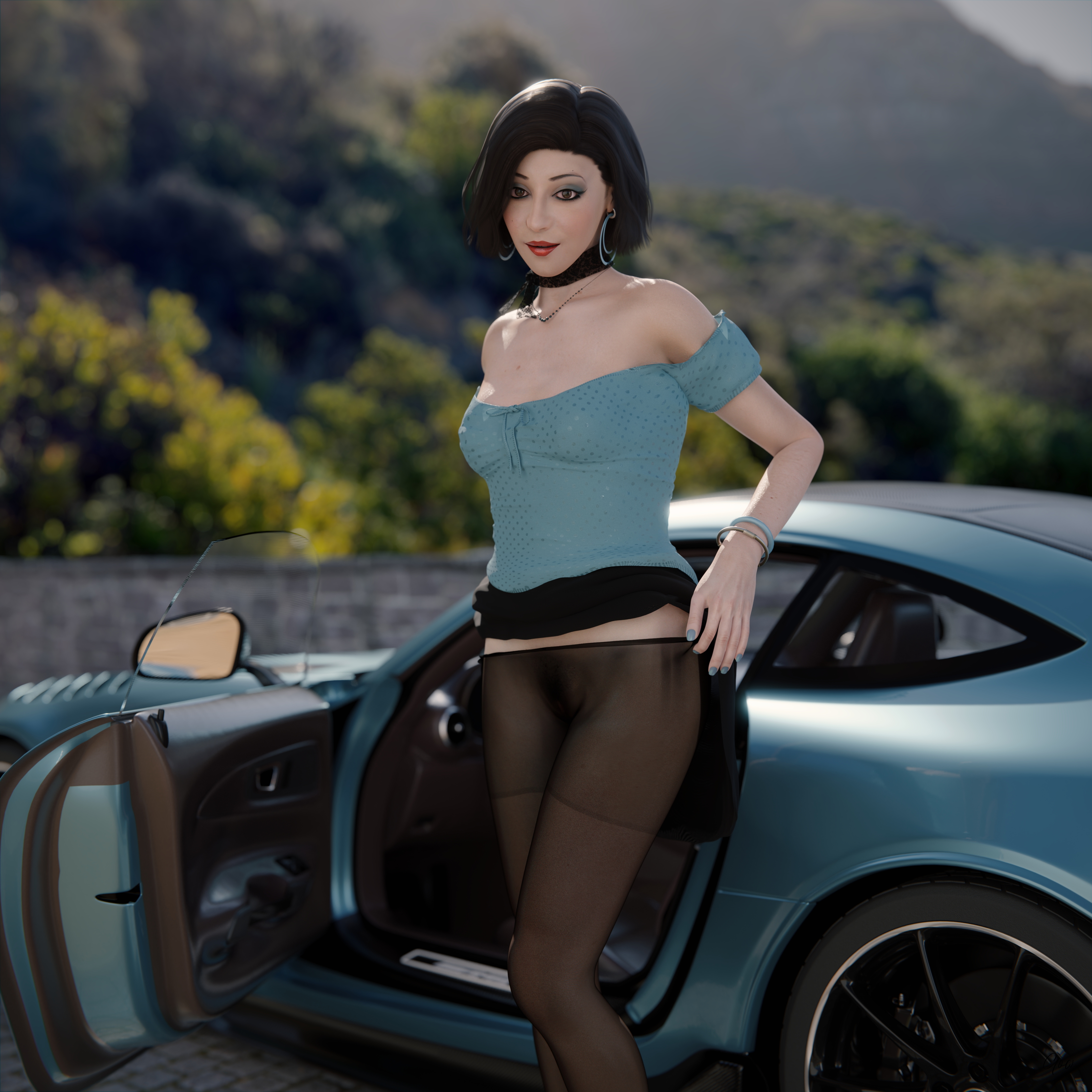 Wind on Blue (Part 2) Original Wife Outdoor Car Milf Sexy Brunette Nylon Pantyhose Upskirt Skirt Undressing Clothed Posing Standing No Panties Party Dress Wet Pussy Sexy Hairy Pussy 6