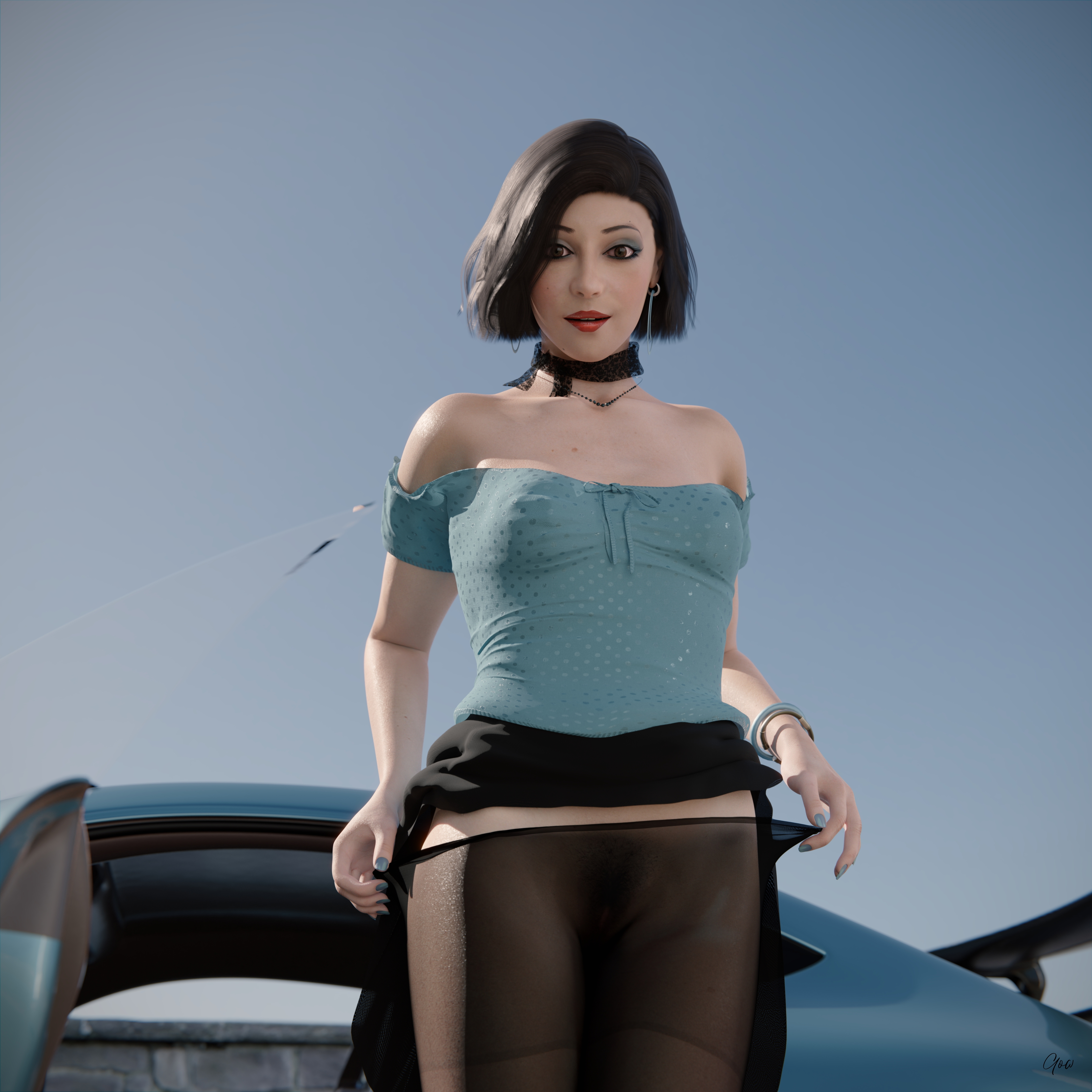 Wind on Blue (Part 2) Original Wife Outdoor Car Milf Sexy Brunette Nylon Pantyhose Upskirt Skirt Undressing Clothed Posing Standing No Panties Party Dress Wet Pussy Sexy Hairy Pussy 7