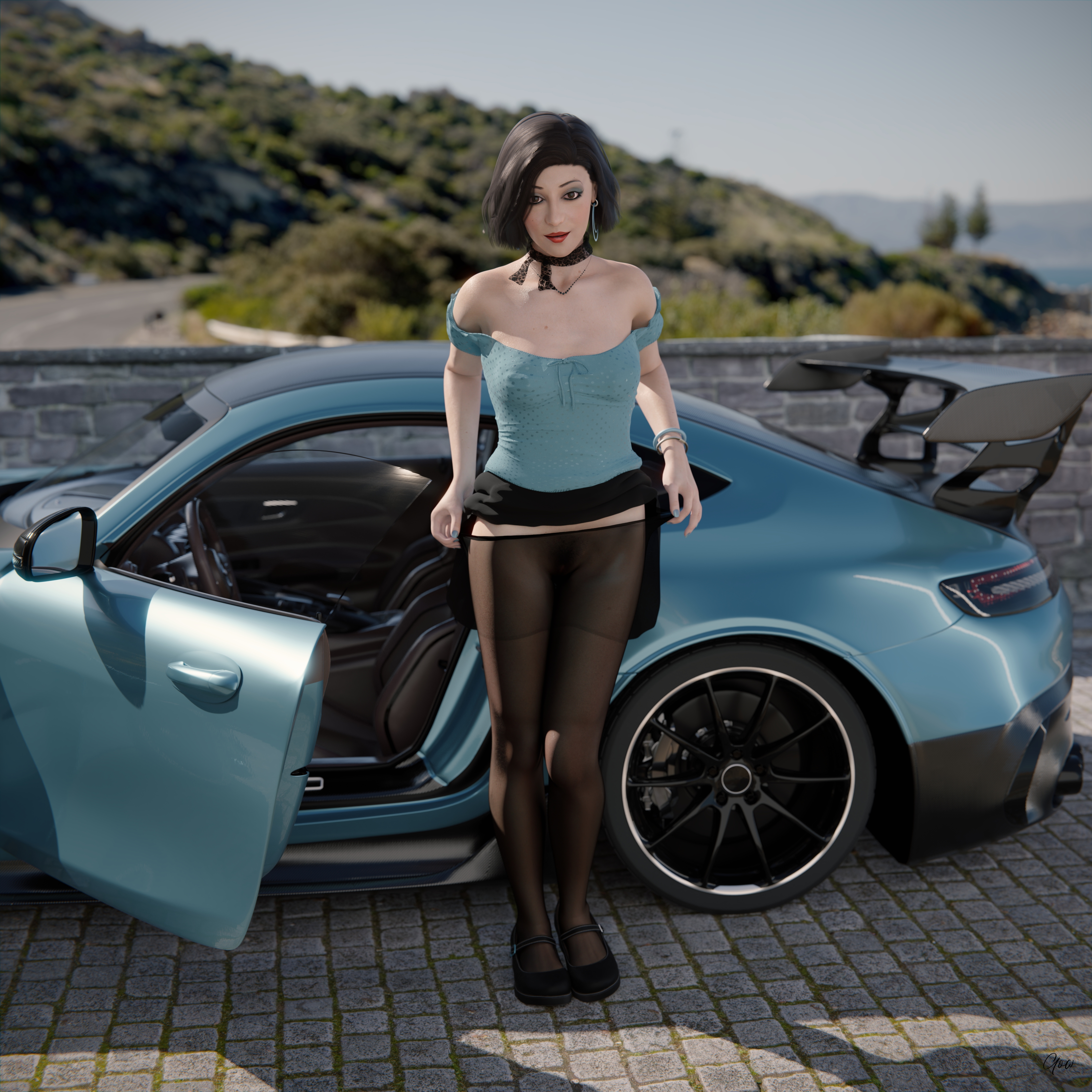 Wind on Blue (Part 2) Original Wife Outdoor Car Milf Sexy Brunette Nylon Pantyhose Upskirt Skirt Undressing Clothed Posing Standing No Panties Party Dress Wet Pussy Sexy Hairy Pussy 8