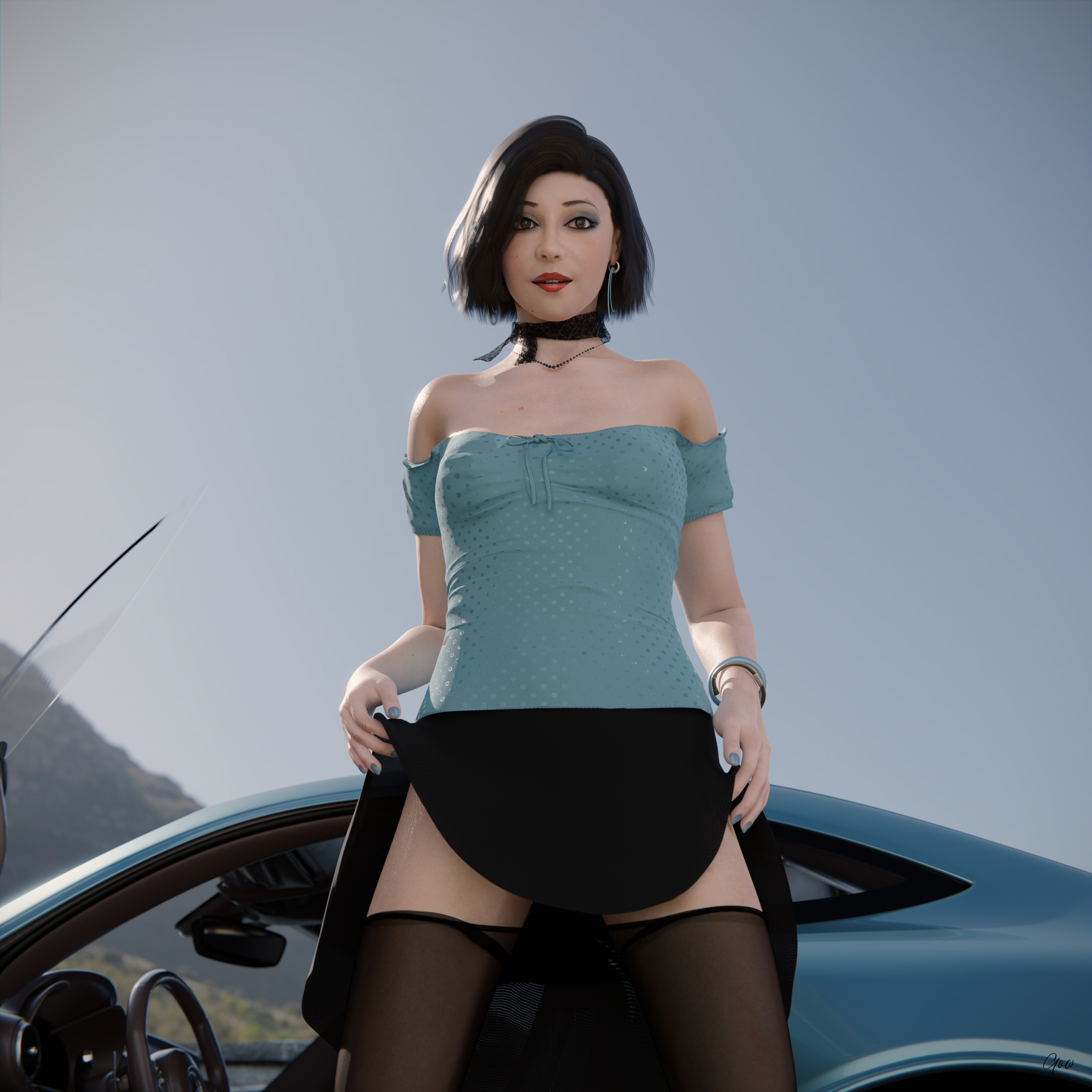 Wind on Blue (Part 2) Original Wife Outdoor Car Milf Sexy Brunette Nylon Pantyhose Upskirt Skirt Undressing Clothed Posing Standing No Panties Party Dress Wet Pussy Sexy Hairy Pussy 12