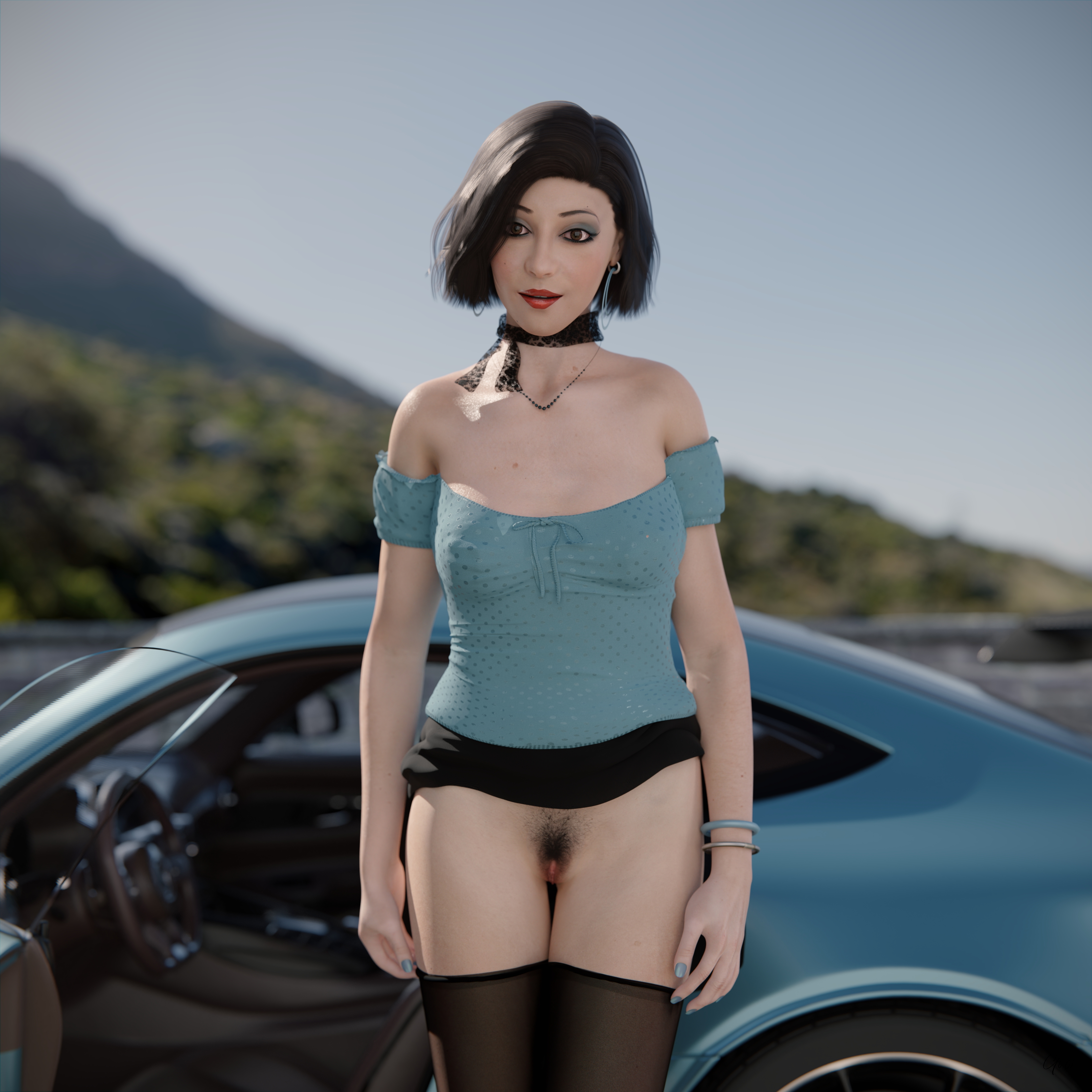 Wind on Blue (Part 2) Original Wife Outdoor Car Milf Sexy Brunette Nylon Pantyhose Upskirt Skirt Undressing Clothed Posing Standing No Panties Party Dress Wet Pussy Sexy Hairy Pussy 15