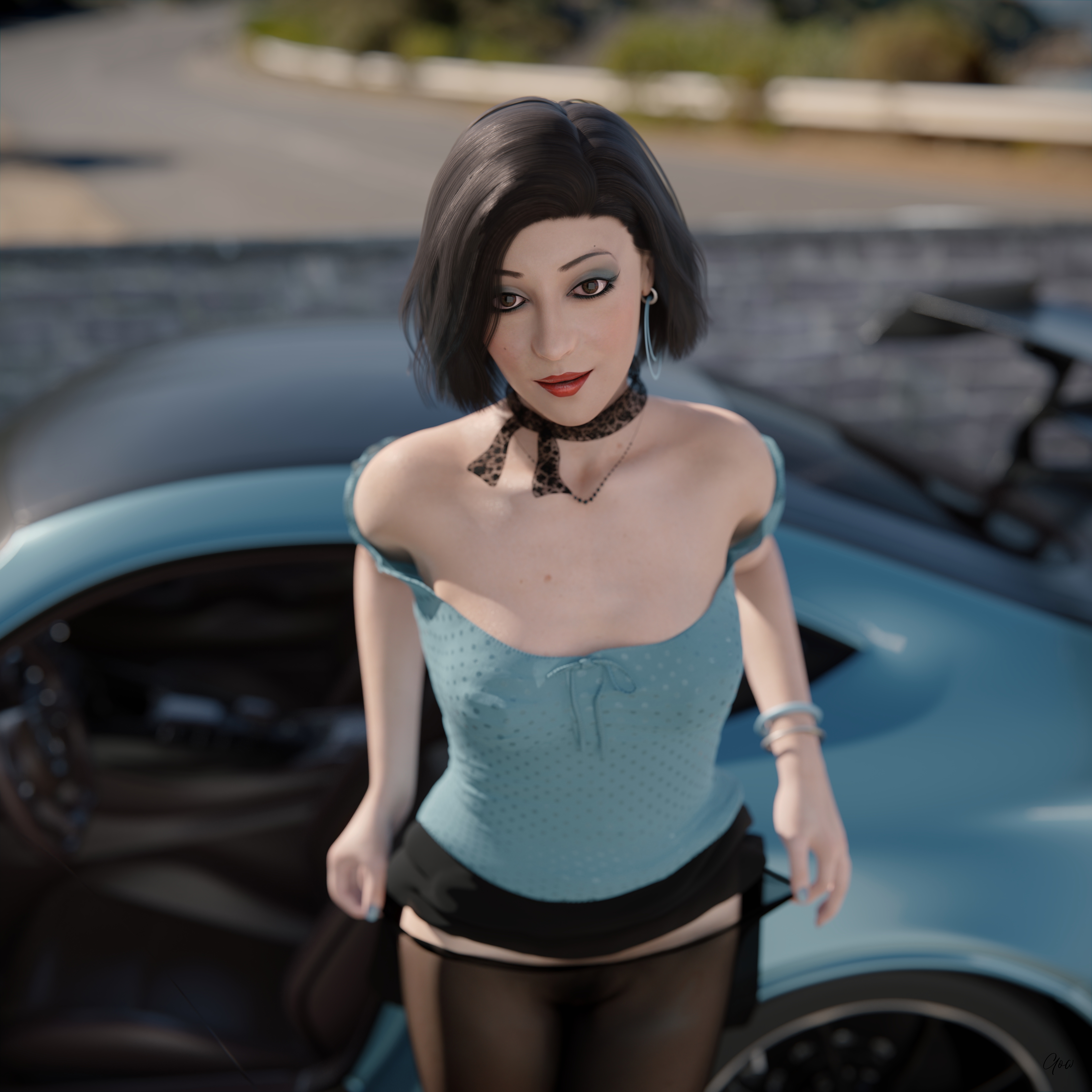 Wind on Blue (Part 2) Original Wife Outdoor Car Milf Sexy Brunette Nylon Pantyhose Upskirt Skirt Undressing Clothed Posing Standing No Panties Party Dress Wet Pussy Sexy Hairy Pussy 17