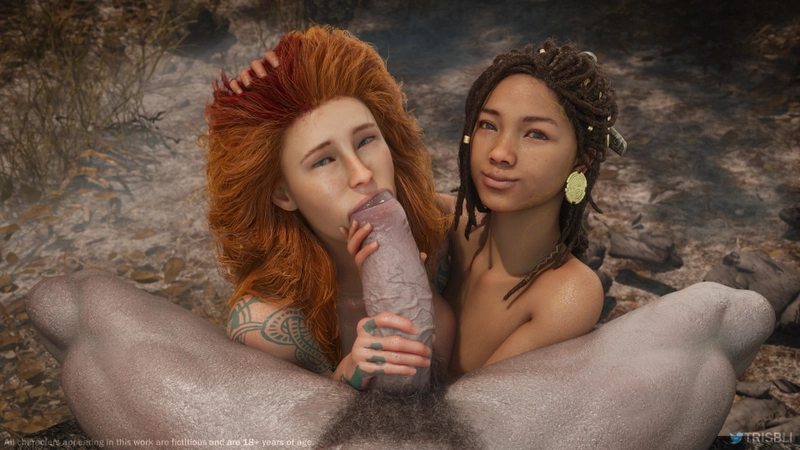 Angrboda and Thrud giving Kratos oral sex