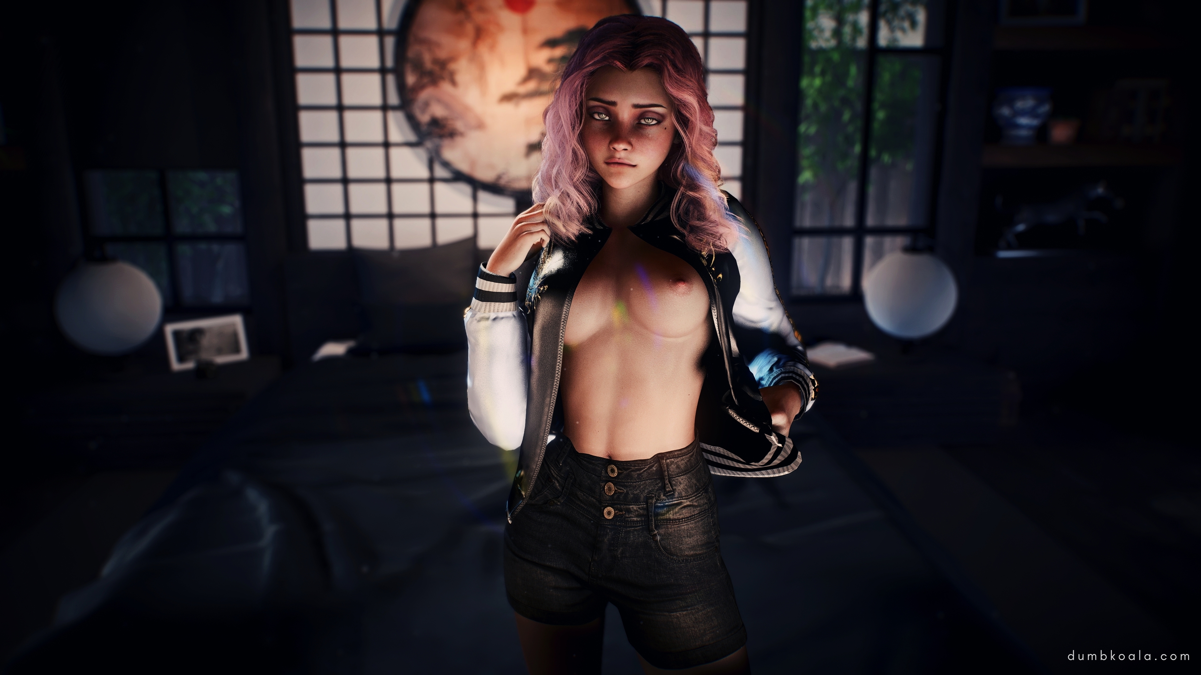 half naked girl strikes a cute pose with hand to face