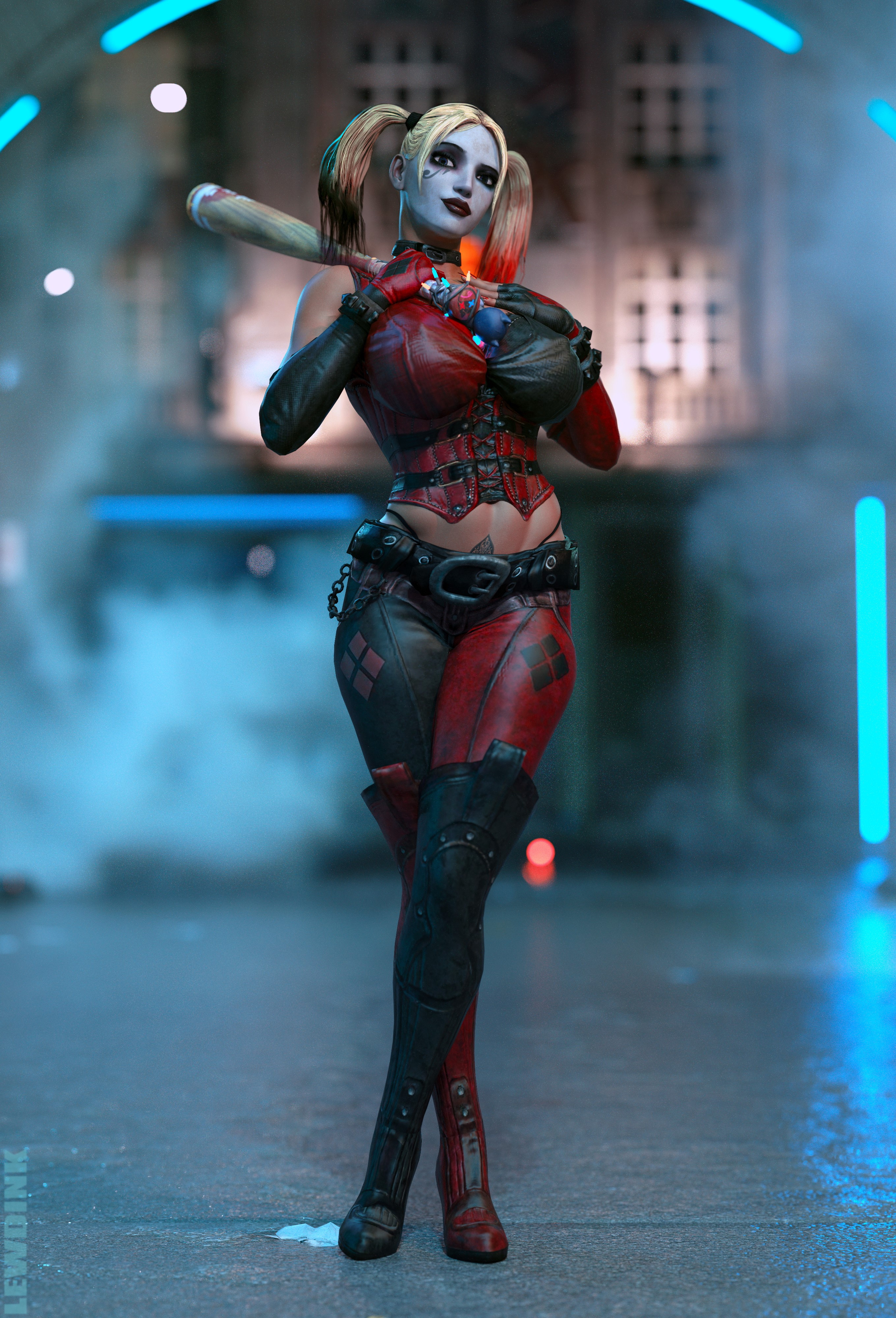 Pharah - Harley Quinn Cosplay Harley Quinn Pharah Pharah (overwatch) Overwatch Dc Comics Outdoor Posing Pose Latex Latex Suit Latex Stockings Leather Corset Makeup Ruined Makeup Pigtails Blonde Red Hair Blue Hair Weapon Gun High Heels Looking At Viewer Collar Choker Cosplay Baseball