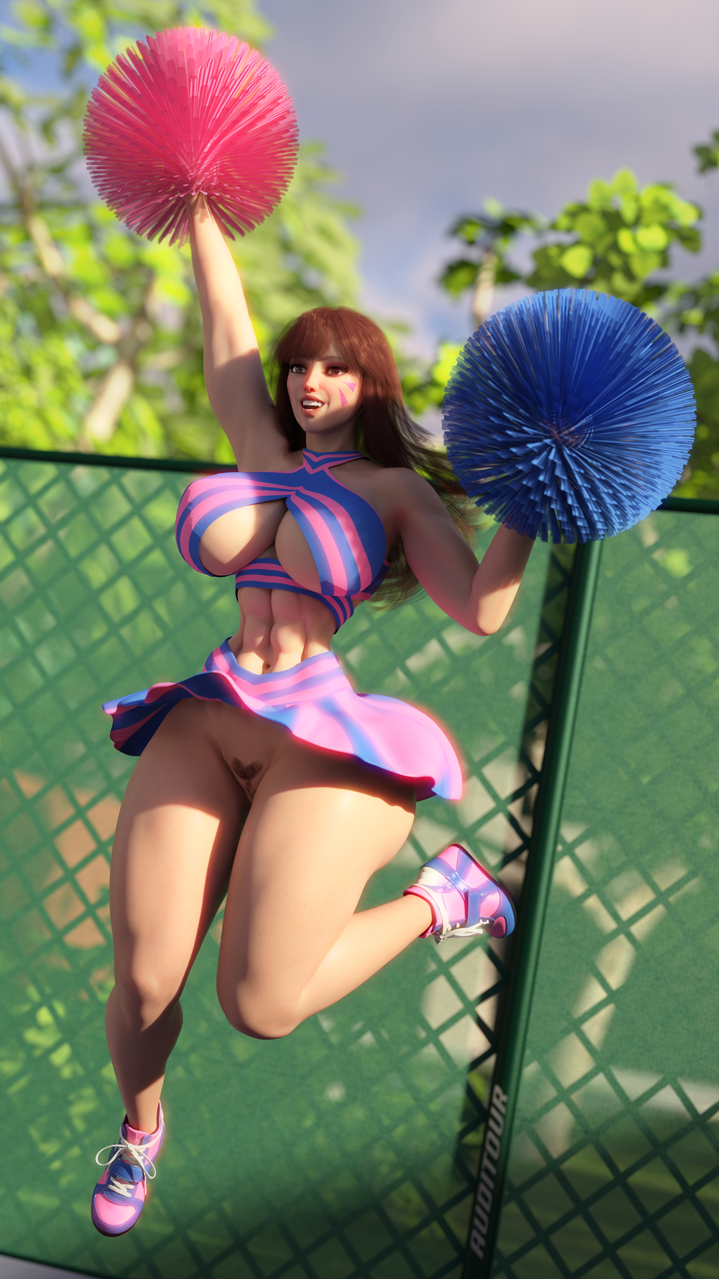 D.VA Cheerleader D.va Hana Song Overwatch Sunny Huge Breasts Huge Ass Abs Muscles Tall Cheerleader High Heels Outdoors