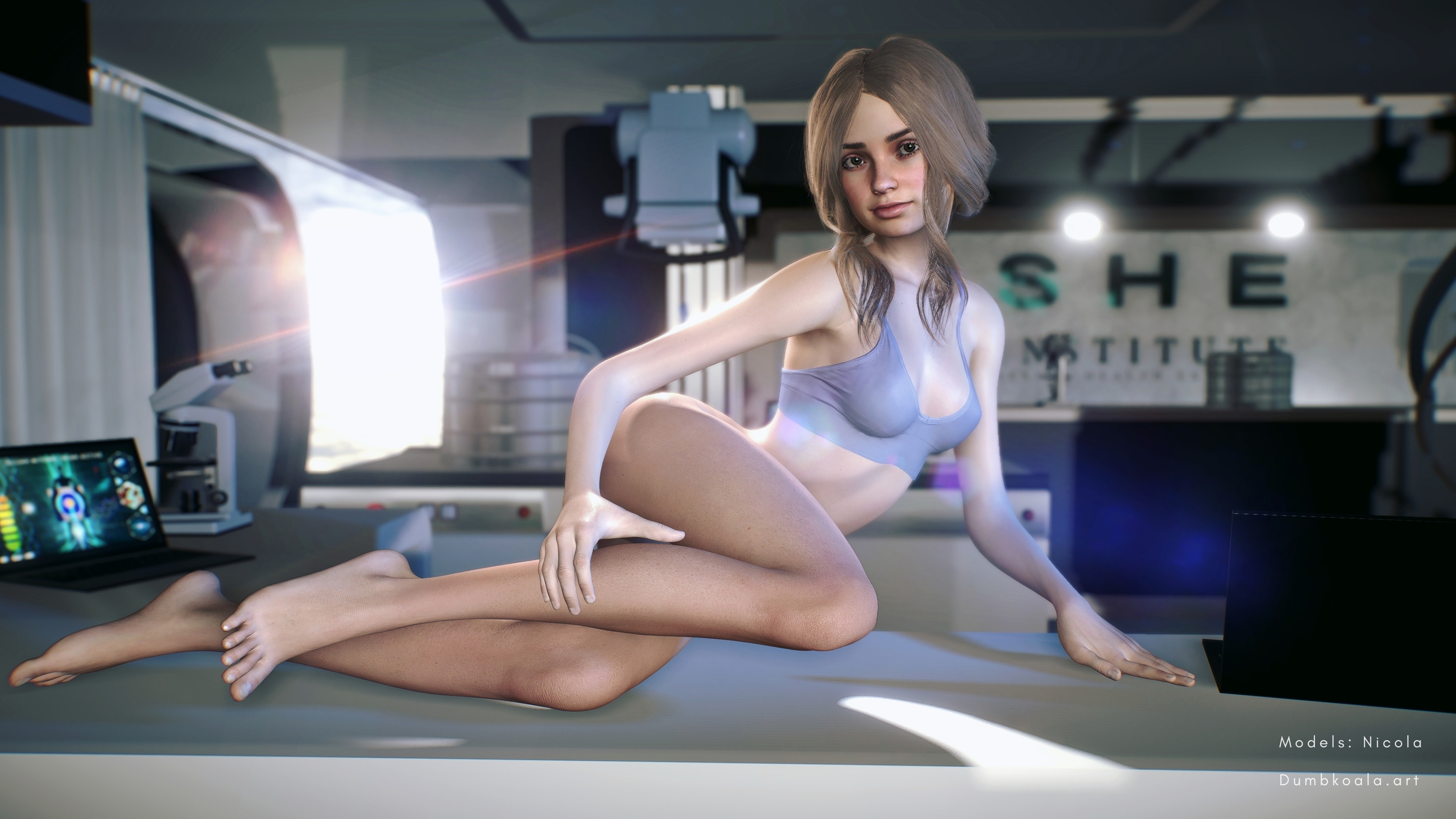 girl lays on medical lab table in just a bra