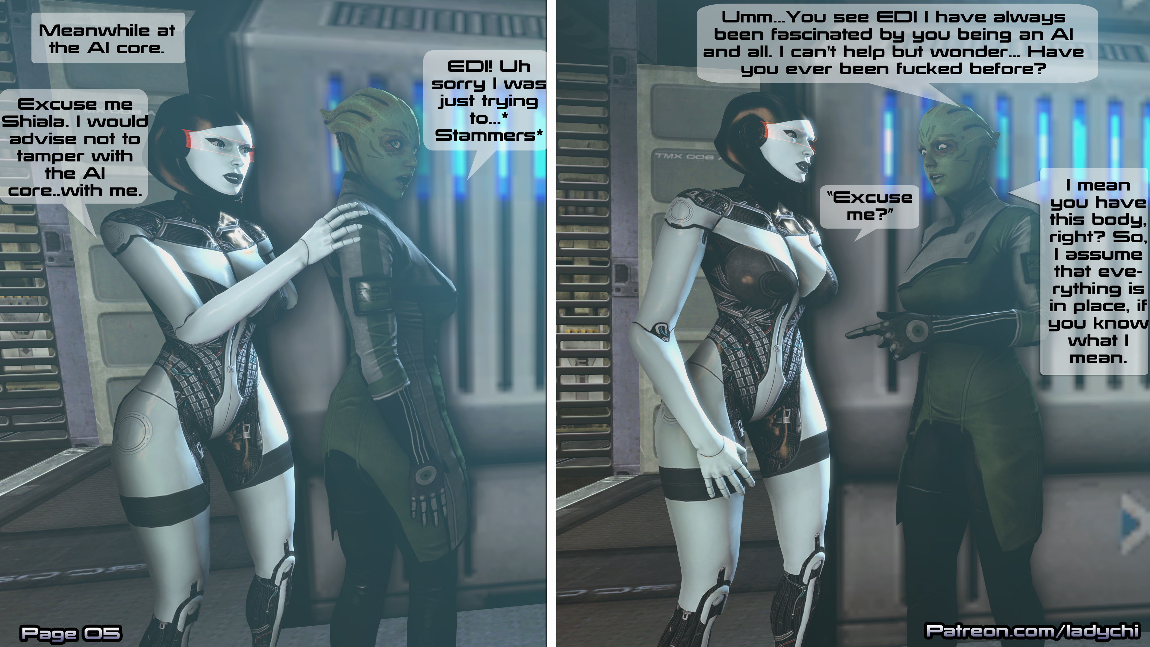Pages 5-6 of comic Asari trap.  Mass Effect Asari (mass Effect) Edi Anal Lesbian Comic Video Games Nude Naked Sfm Scifi Girl On Girl Lesbians