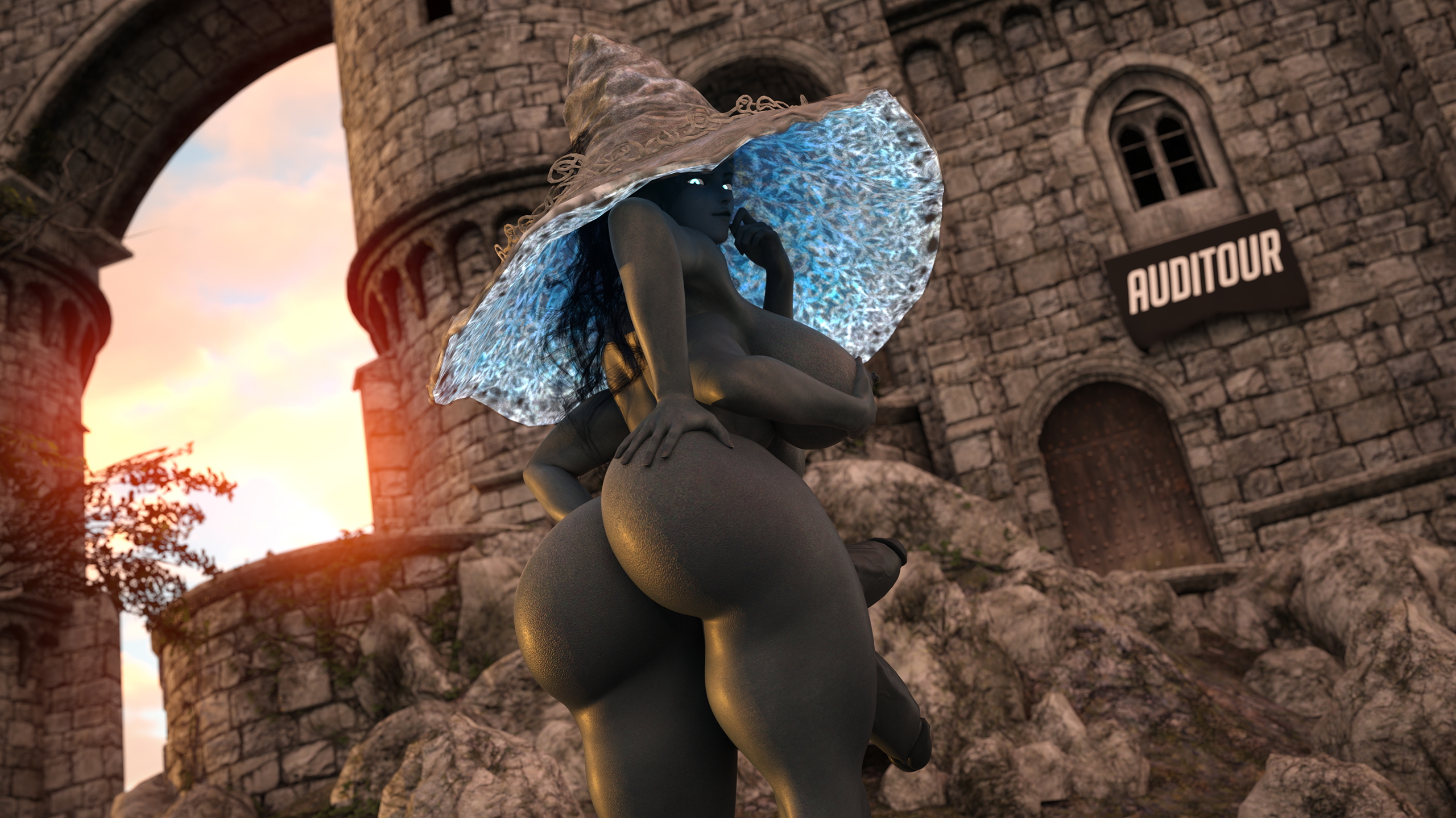 Ranni Behind Elden Ring Futa Huge Breasts Huge Cock Huge Ass Abs Muscles Tall Giant Castle Outdoors Glowing Eyes Sunset Hat Looking At Viewer