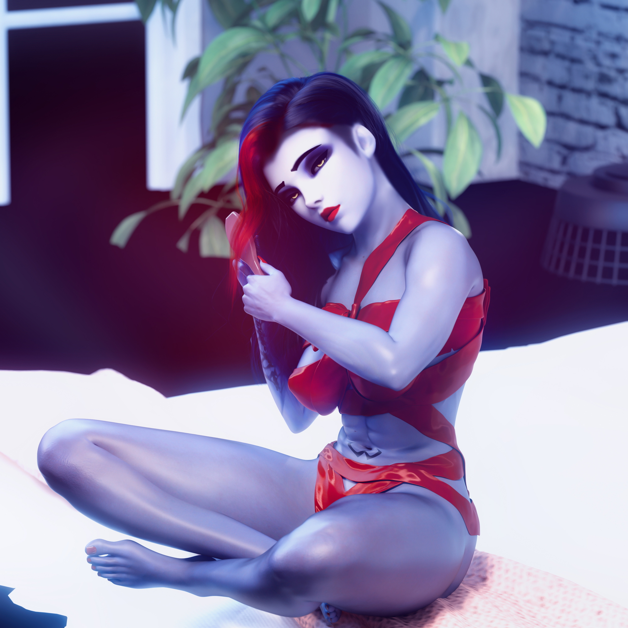 Widowmamker hair Overwatch Widowmaker 3d Porn Fit Sexy Half Naked Big boobs Tits Bikini Lingerie Feet Abs Bed