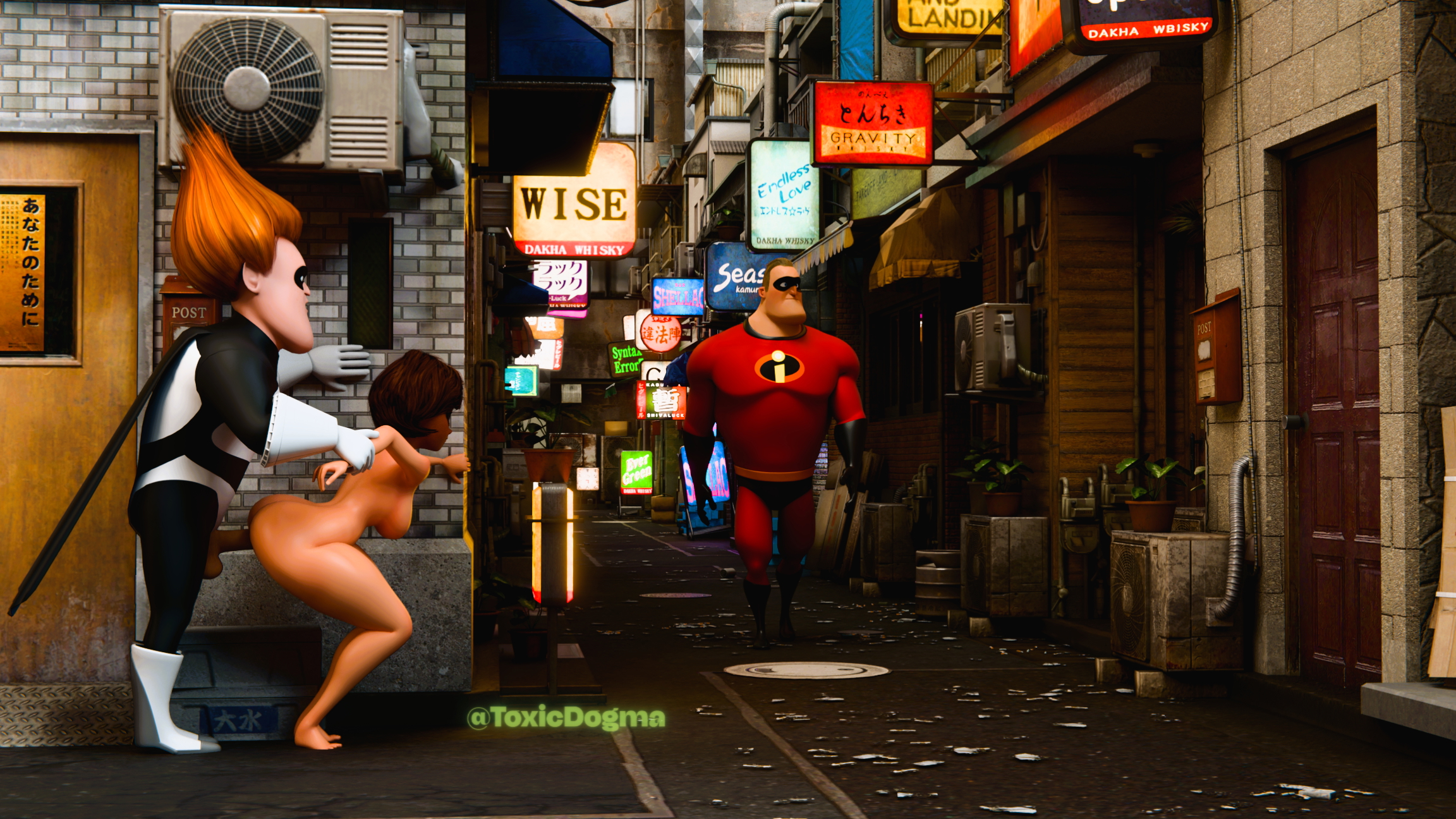 In this explicit and morbid scene  the elastic  fiery-haired superheroine shamelessly bends over in a neon-lit alley  letting the orange-haired  white-gloved villain brutally take her from behind  his rigid member sinking deep as he grips her sweaty hips tightly  making her buttocks bounce wildly with each thrust. Her strangled moans mingle with the wet sound of their union  elastic and uncontrolled  as her body tenses in ecstasy. In the distance  the burly  red-suited  masked hero  her lawful husband  strides by  oblivious to the fact that his wife is being mercilessly fucked by his archenemy  his ignorance adding a voyeuristic and forbidden twist that ignites the darkest fantasies. This 3D adult art oozes raw sex  betrayal  and boundless pleasure  captured in every drop of sweat and every spasm.