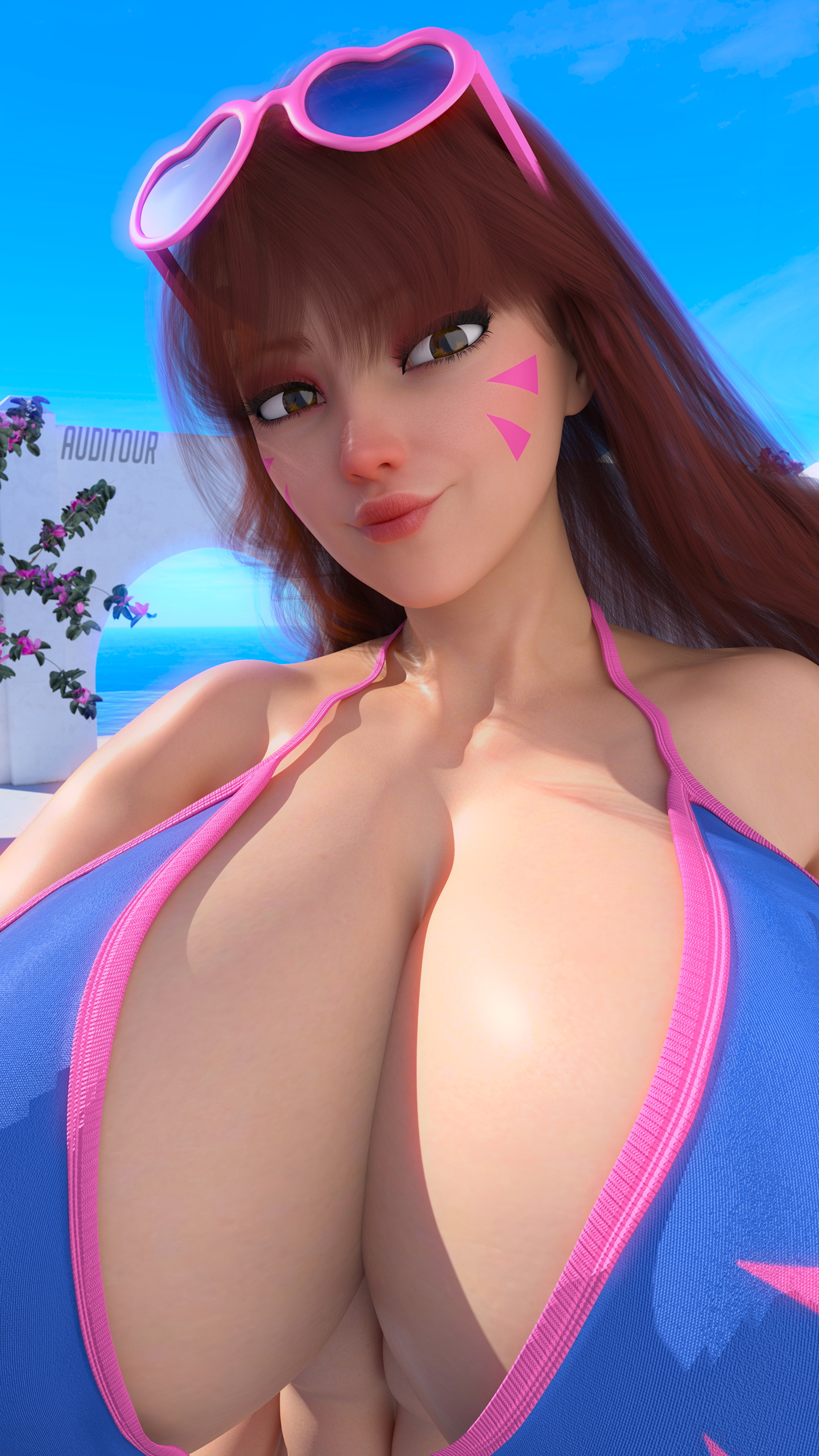 D.VA Sunny Selfie D.va Hana Song Sunny Outdoors Long Hair Face Marks Huge Breasts Huge Ass Bikini Sfw Abs Muscles Looking At Viewer Selfie