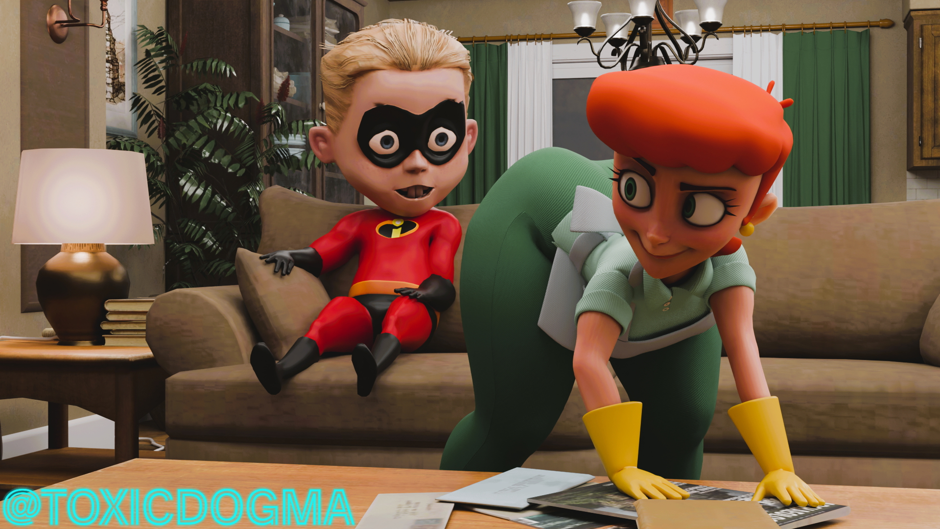 The afternoon heats up dangerously when the redheaded nanny bends over in front of the young hero  offering him a blatant view of her round  taut  and delicious ass  barely contained by her tight uniform. The green fabric outlines every curve  revealing the provocative line of her hot  wet crotch  aching for attention. The little masked man  entranced  can t take his eyes off those juicy buttocks that seem to beg to be grabbed and fucked mercilessly.

She knows perfectly well the power she has over him: she moves her hips slowly  arches her back even more  and lets out a mischievous smile  inciting him to throw himself at her and take her right there  against the table  like a true pervert. A scene charged with tension  forbidden desire  and the desire to break all the rules. 🔥



(All characters are of legal age)
