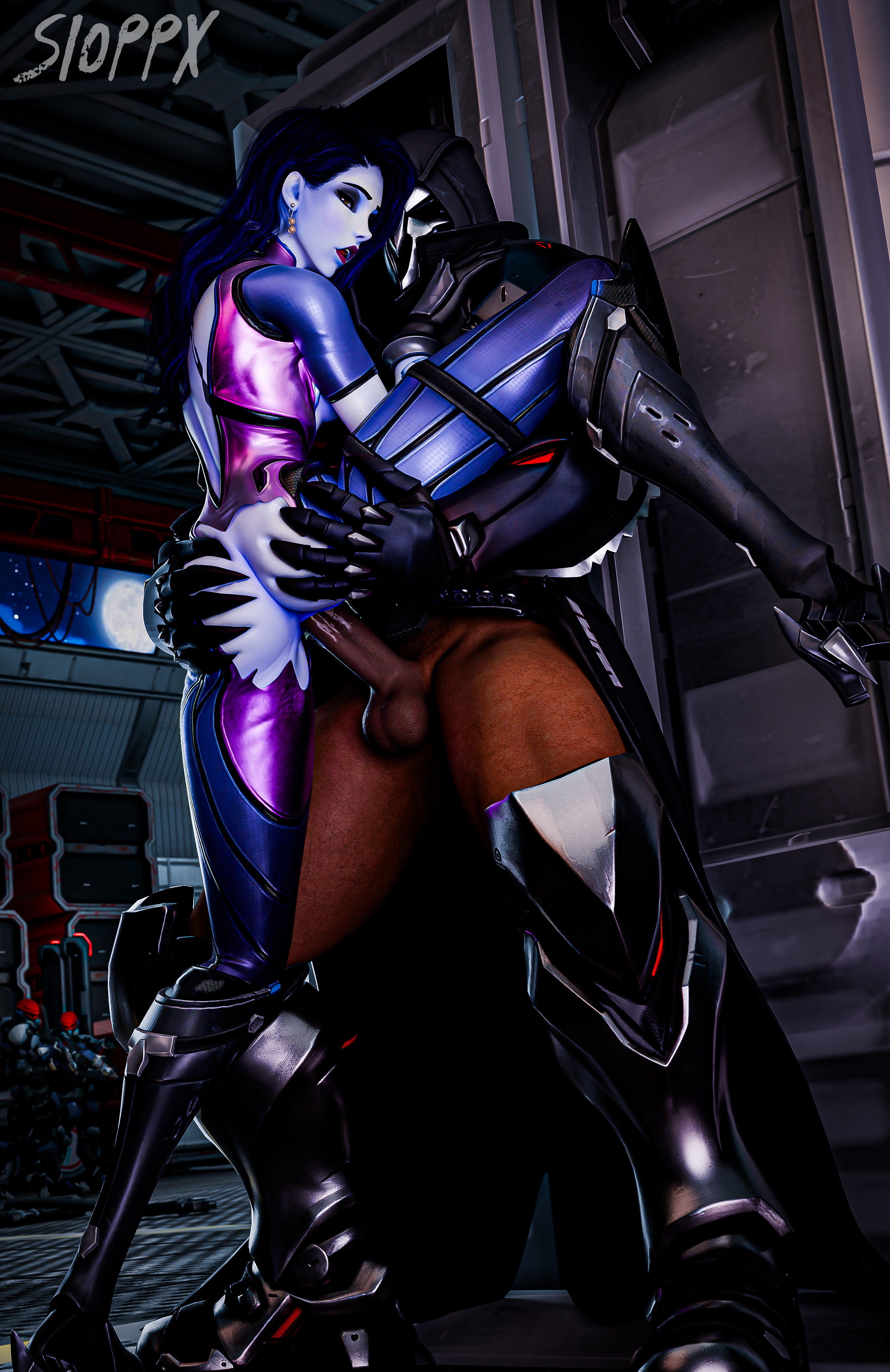 Entangled by Widowmakers webs  Widowmaker Amelie Lacroix Overwatch Blizzard Reaper Standing Sex Vaginal Vaginal Penetration Vaginal Sex Hands On Ass