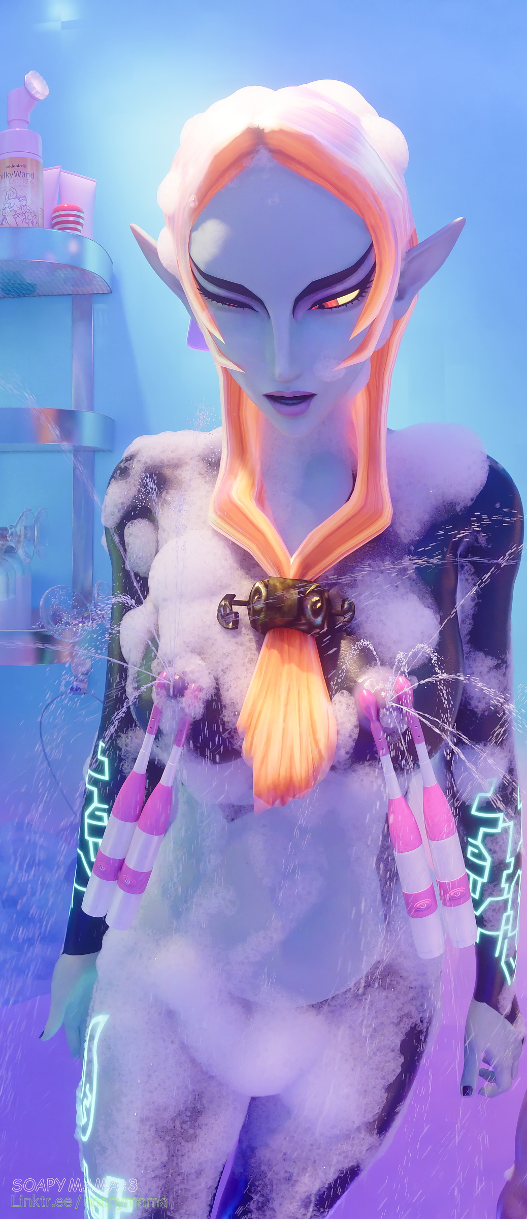 Midna + Raven  nipple masturbation using magic and telekinesis Midna Twili Midna Raven (teen Titans) Teen Titans Legend Of Zelda Soapy Lactation Lactating Nipples Shower Magic 6