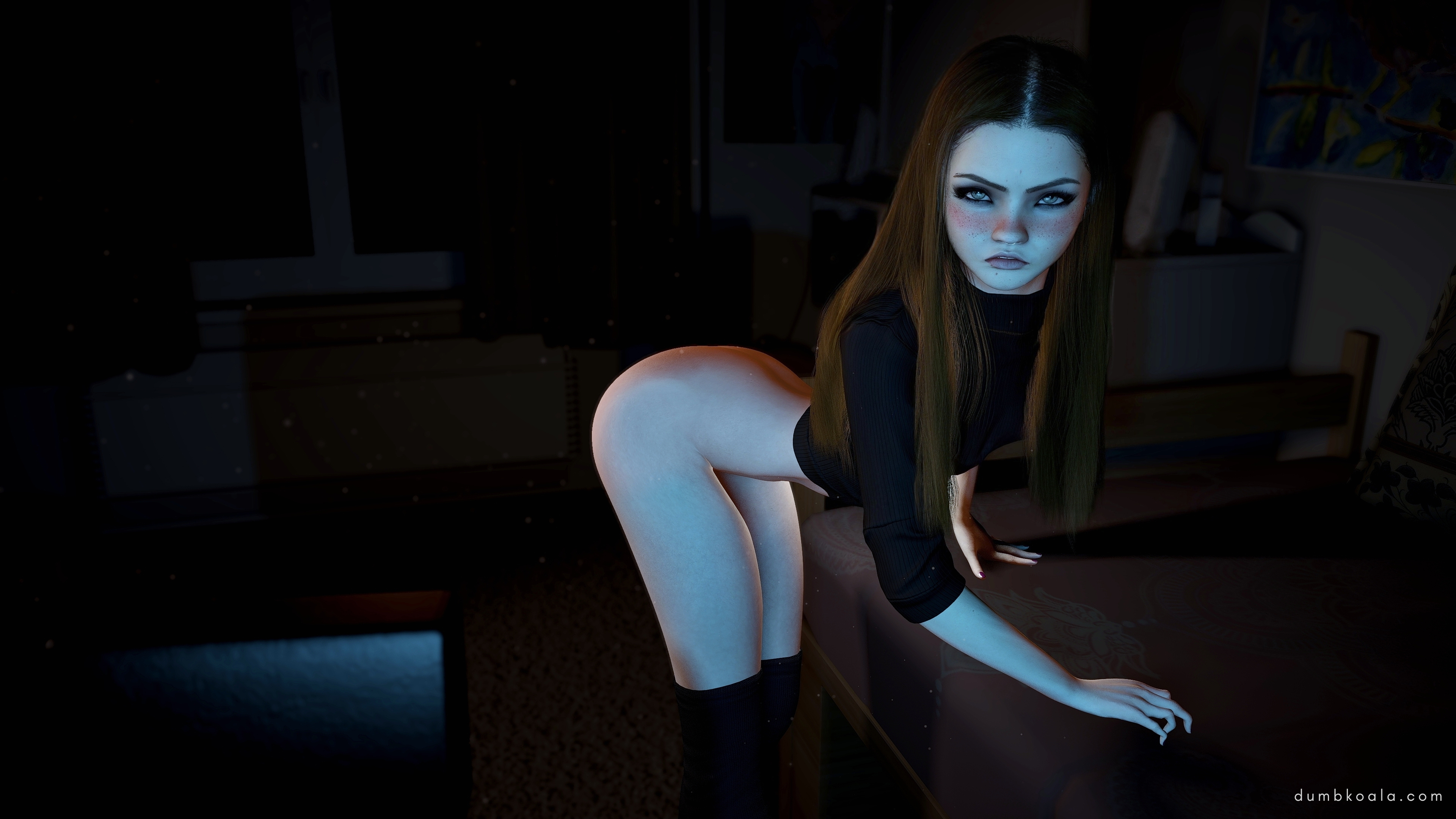 She bends over the desk and shows off her curves