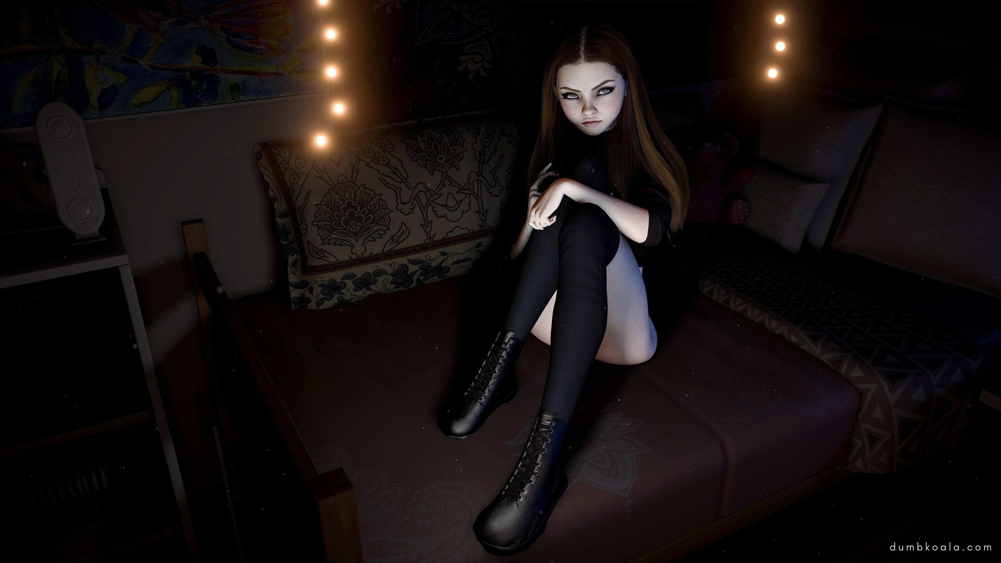 She sit on her sofa  legs artistically covering up her naked lower half.
