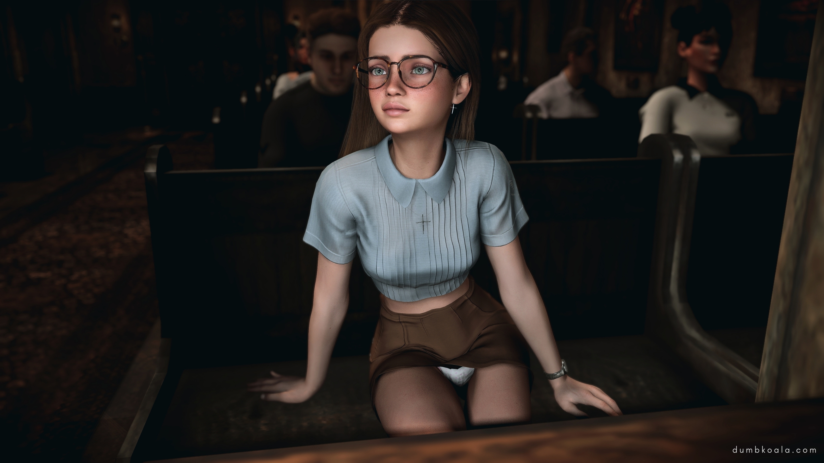 Raya is diligently listening to the sermon at midnight mass  we see her leaning forward in her pew  her panties showing through her mini skirt