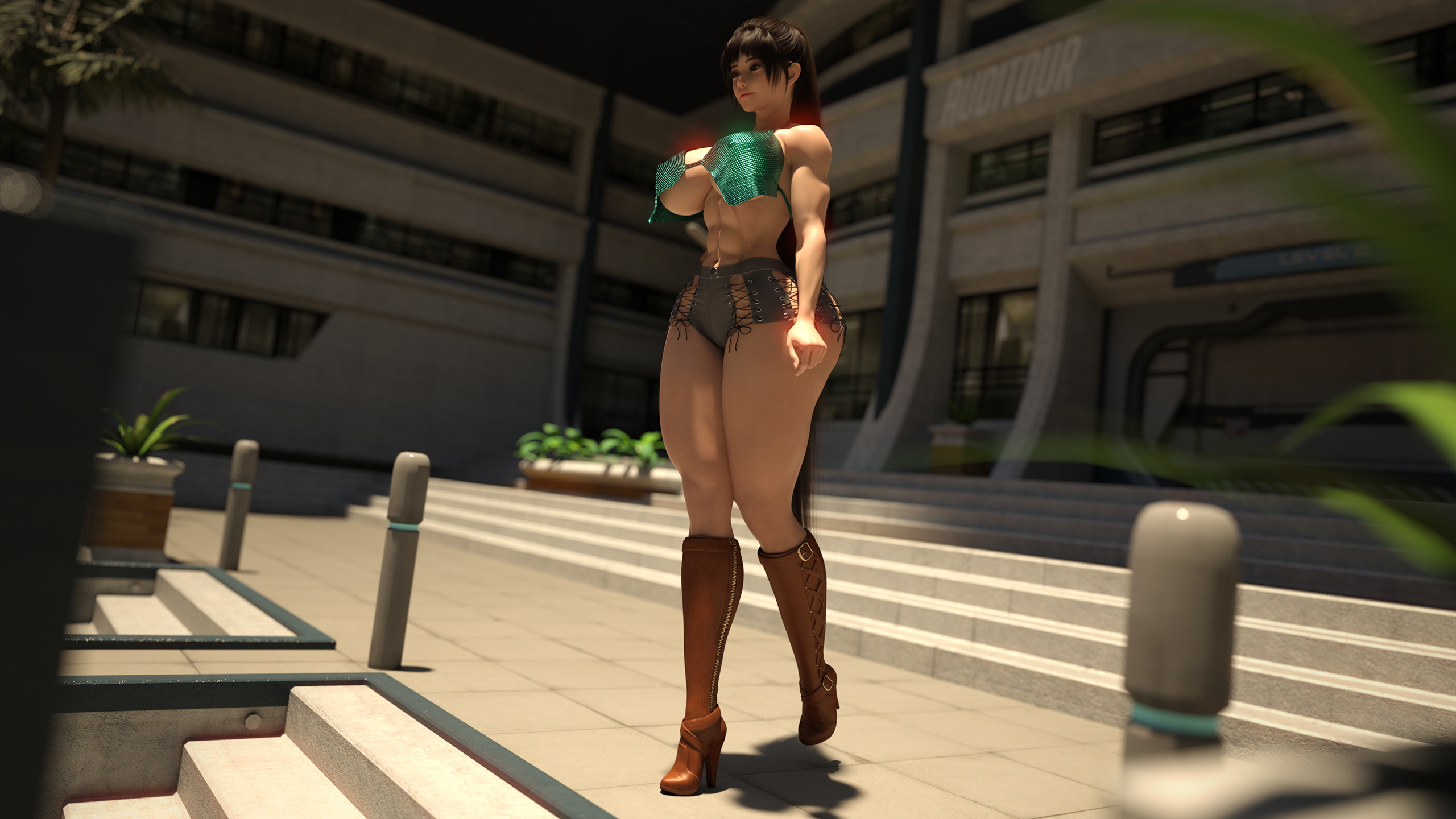 Eve Casual Sunny Ponytail Huge Breasts Huge Ass Tall Abs Muscles Sfw Clothed Boots Booty Shorts