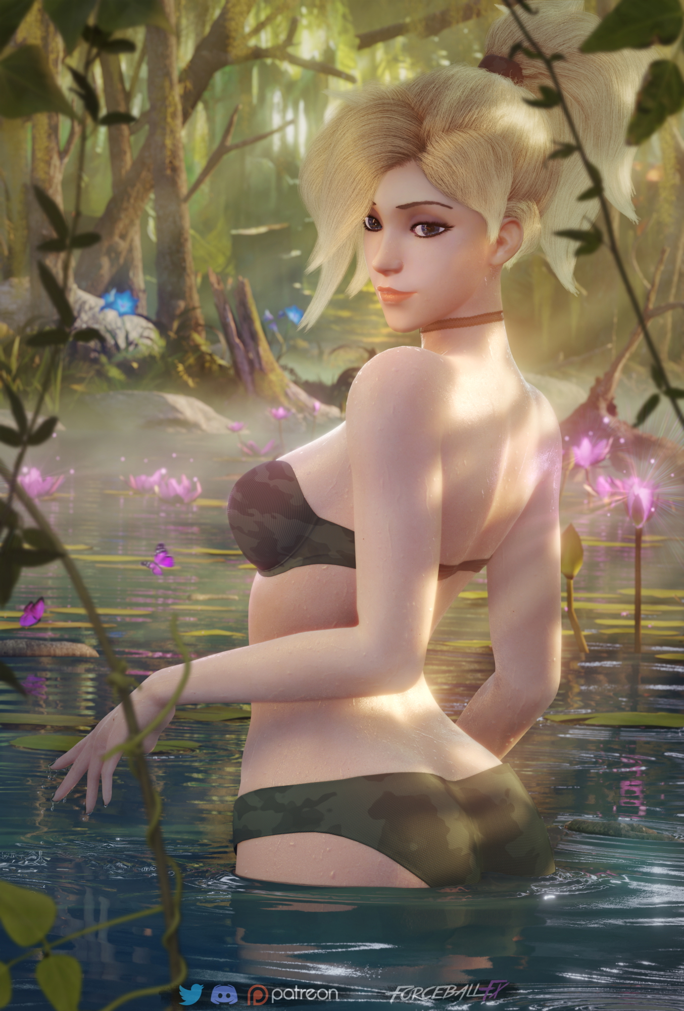 Mercy in the Jungle Overwatch Mercy 3d Porn Nude Naked Sexy Natural Boobs Natural Tits Breasts Pink Nipples Swimsuit Nature 2