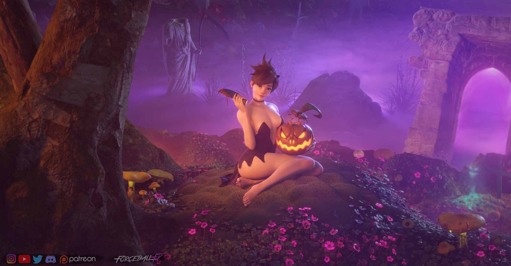 Spooky Tracer Overwatch Tracer 3d Porn Nude Naked Sexy Natural Boobs Natural Tits Breasts Pose Halloween Pink Nipples Pumpkin