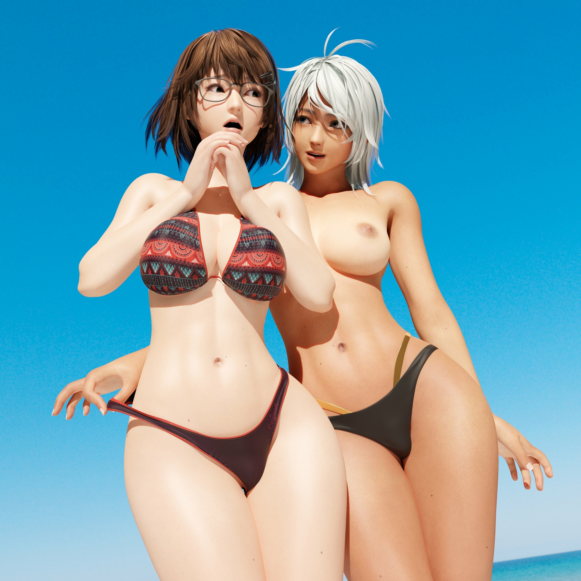 On the beach Dead Or Alive Patty 3d Porn Beach Swimsuit Shy Topless Half Naked Sexy Glasses Nerd Big boobs Natural Tits