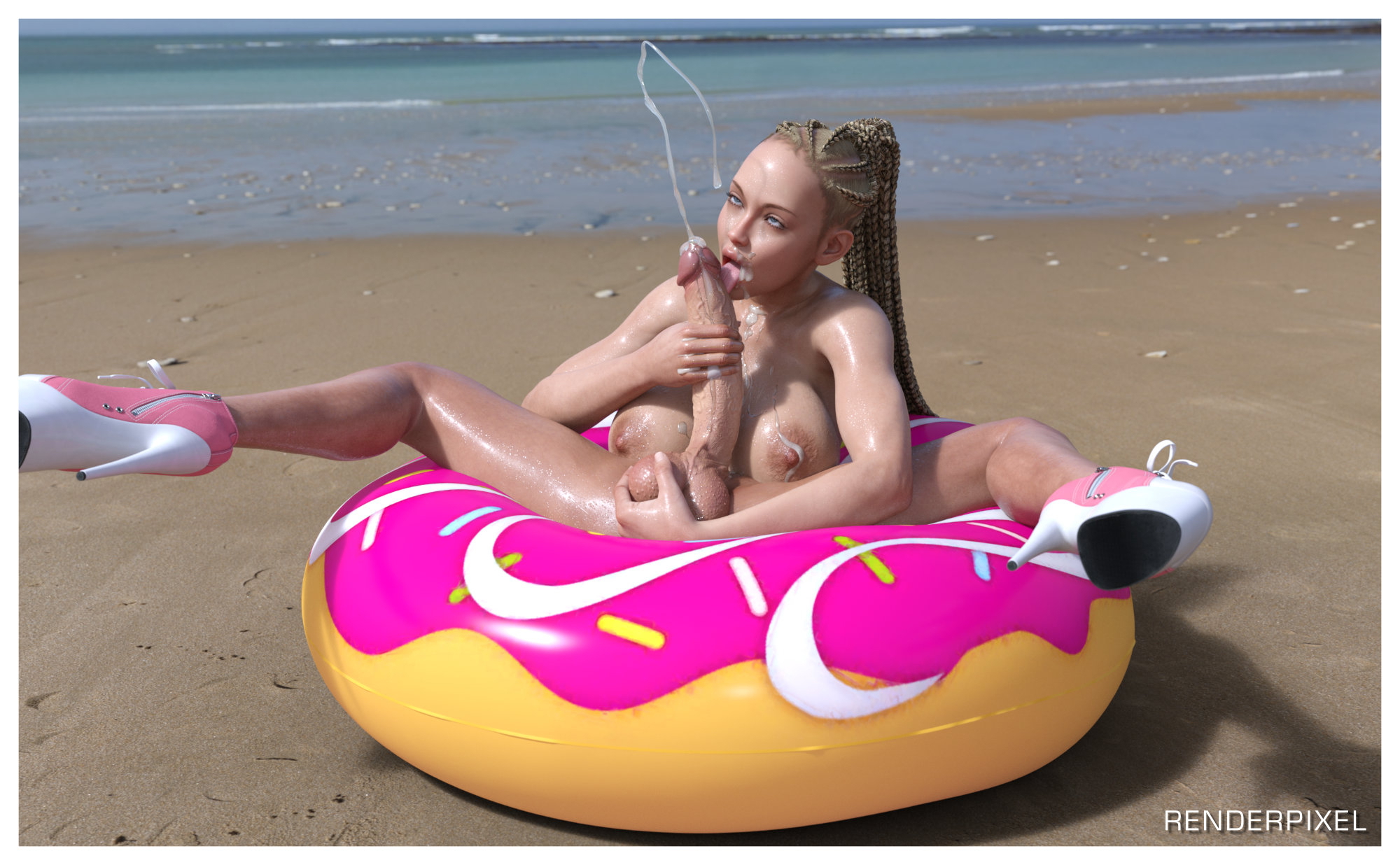 Lolipop  Futanari Futa Masturbation Cumshot Licking Cock Beach