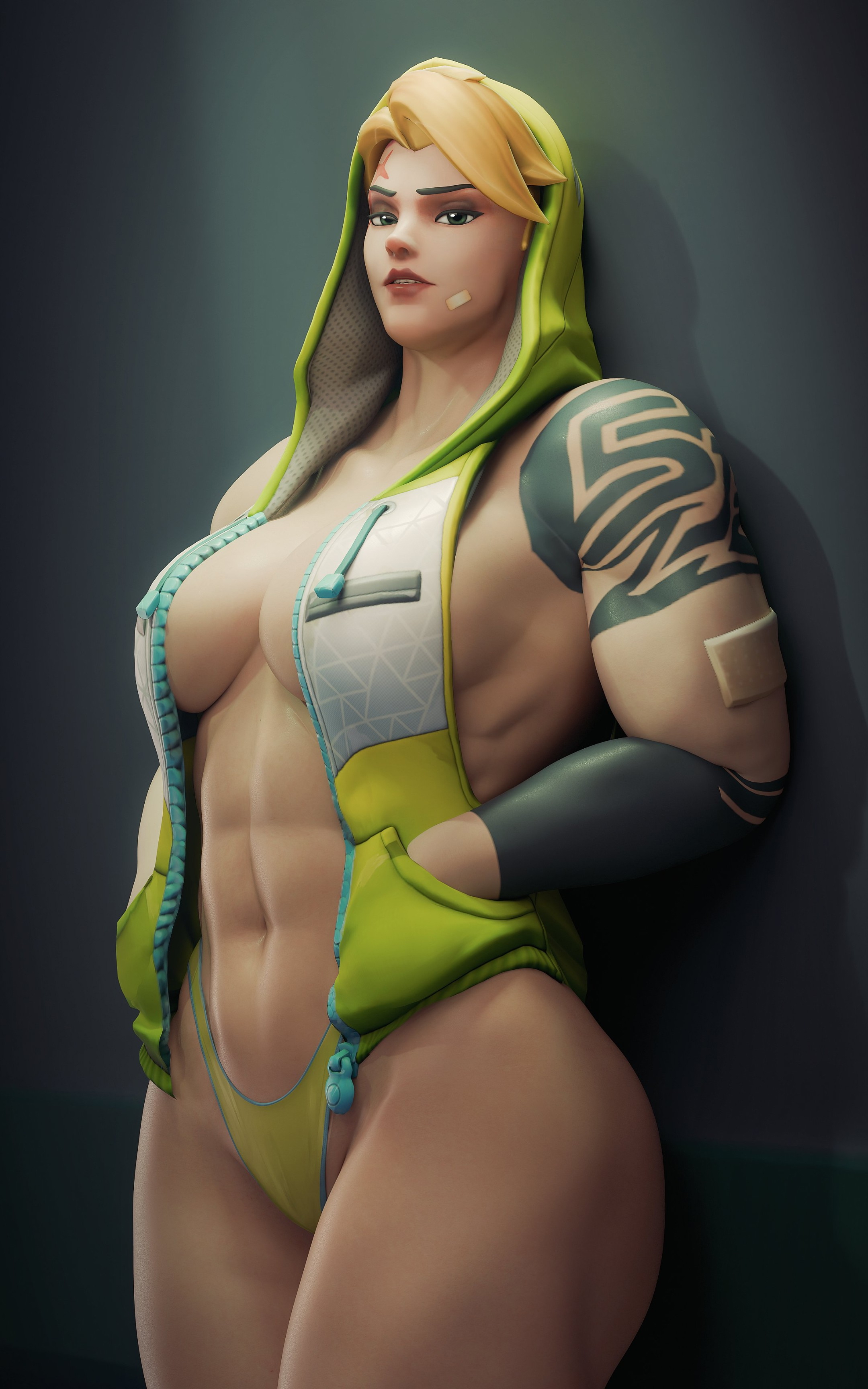Zarya in green hoodie Overwatch Zarya (overwatch) Muscular Girl Tattoo Side View