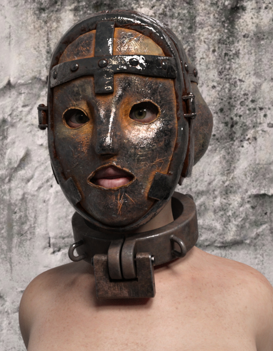 Sexy female prisoner in medieval prison wearing iron mask  chastity belt and shackles.