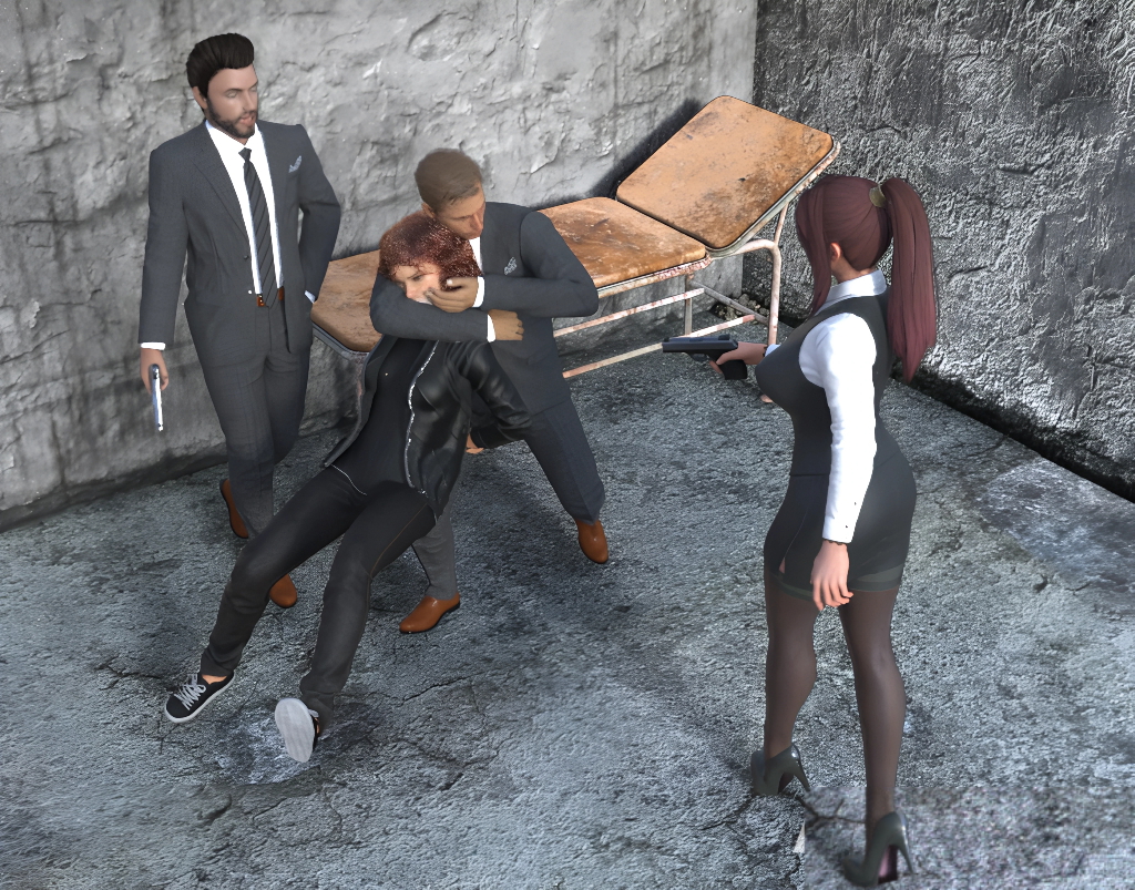Jhon grabs Rachel by the hair and drags her to a stretcher