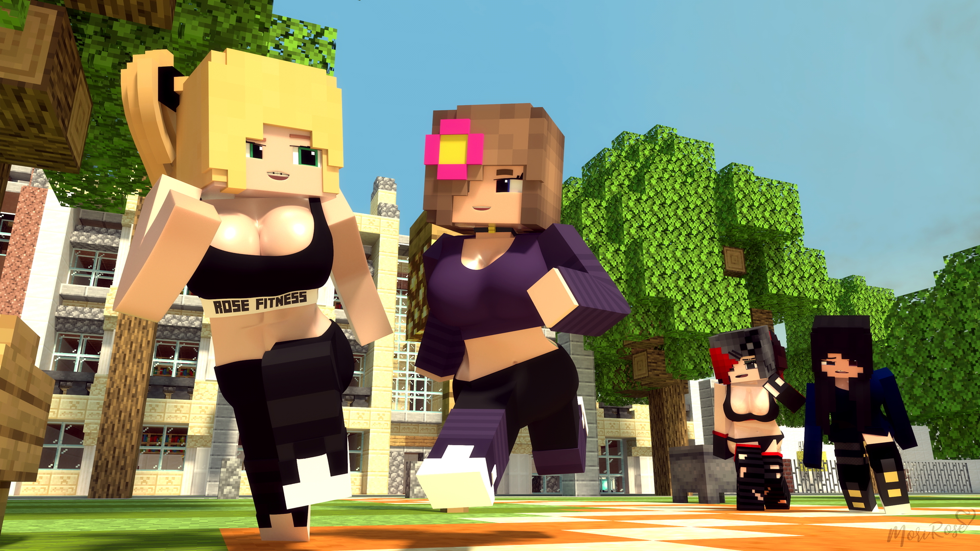 Jenny exercising with Hannah while Ellie and Mori are having a hard time catching up (Big heavy Gals)