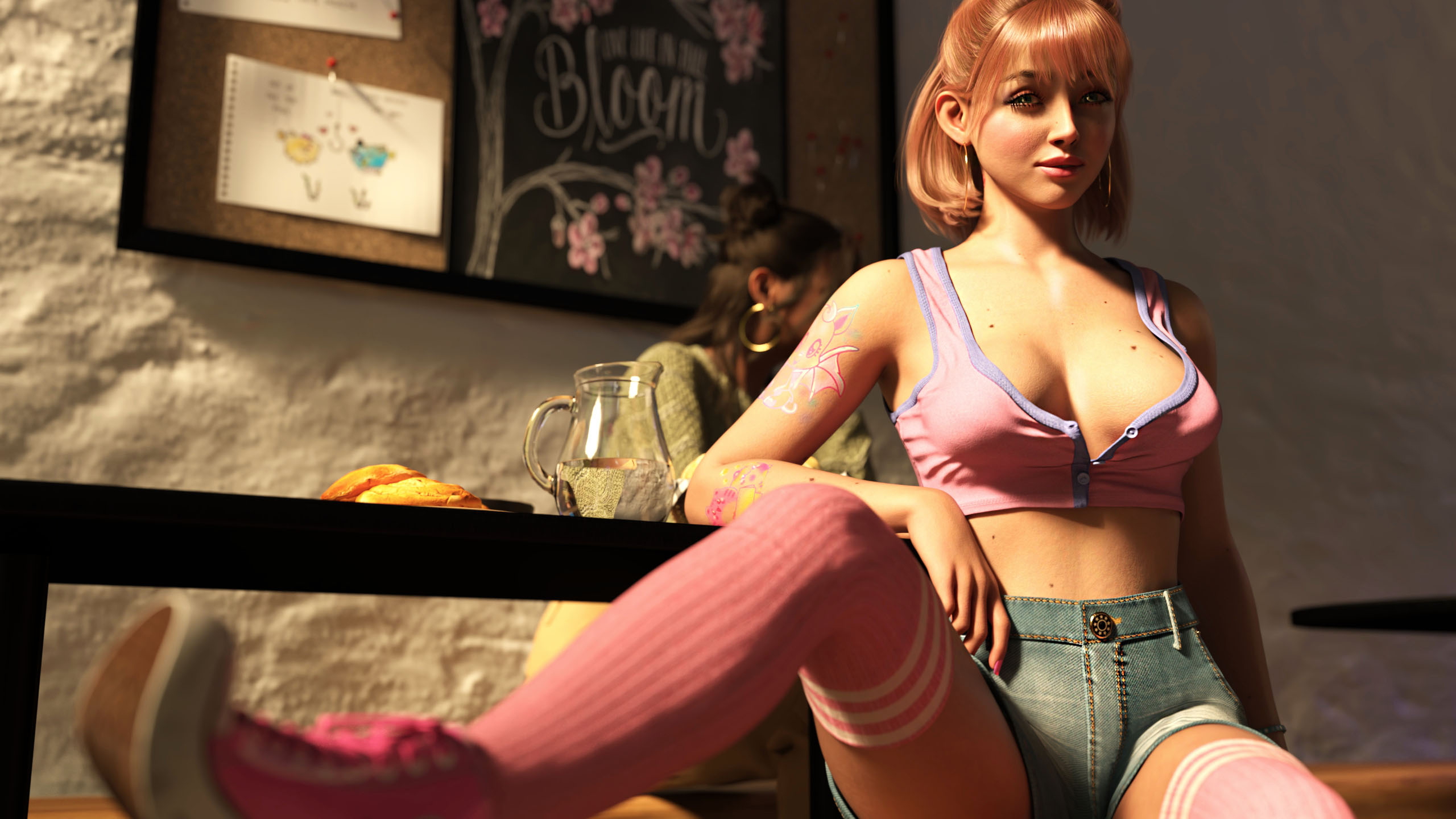 In a coffee shop  Sexy Redhead 3d Girl Pink Nipples Pinup 2