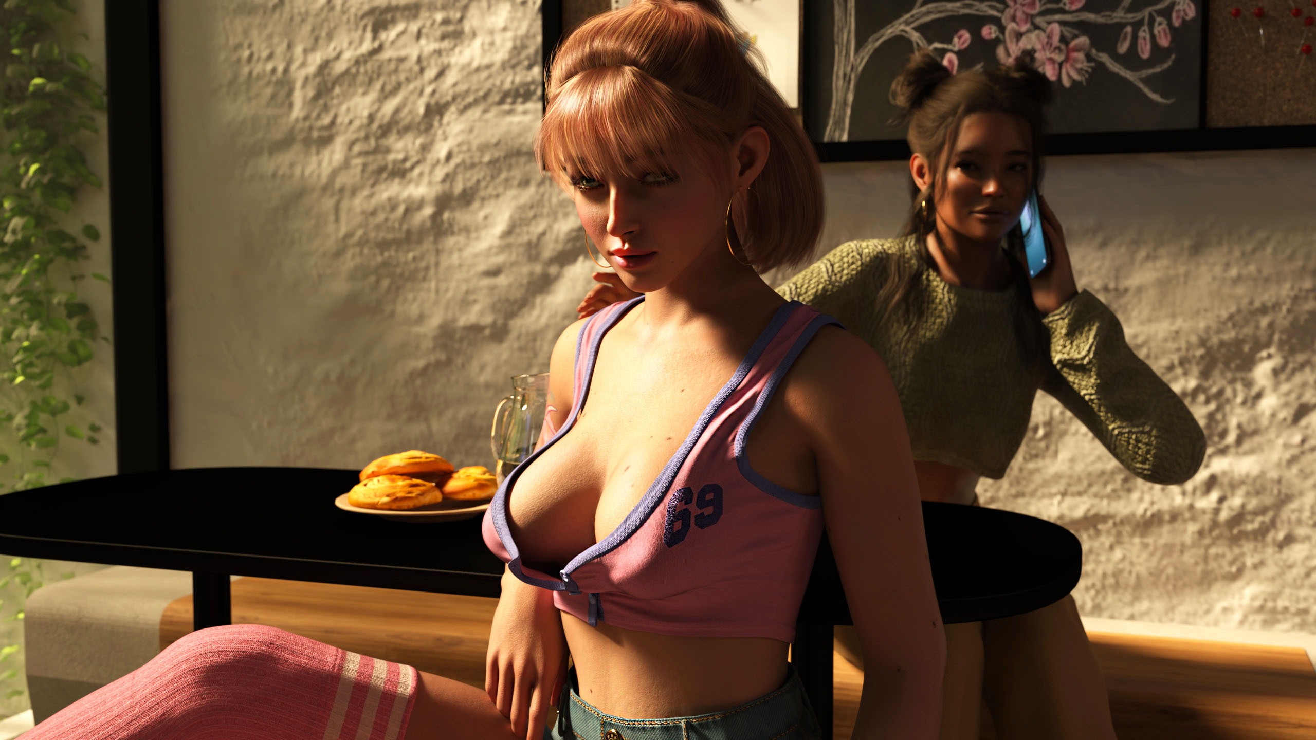 In a coffee shop  Sexy Redhead 3d Girl Pink Nipples Pinup 3