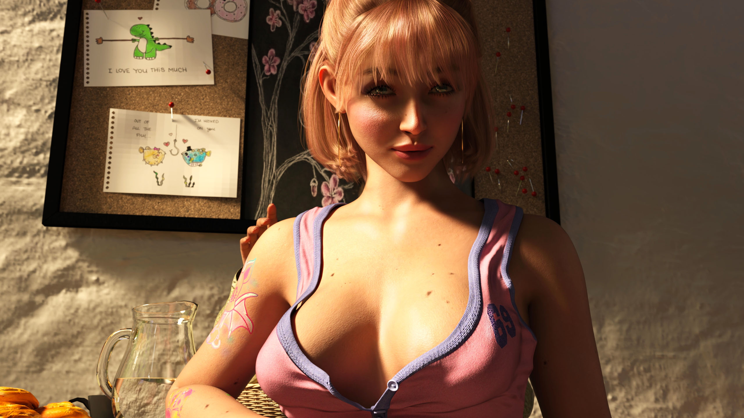 In a coffee shop  Sexy Redhead 3d Girl Pink Nipples Pinup 4