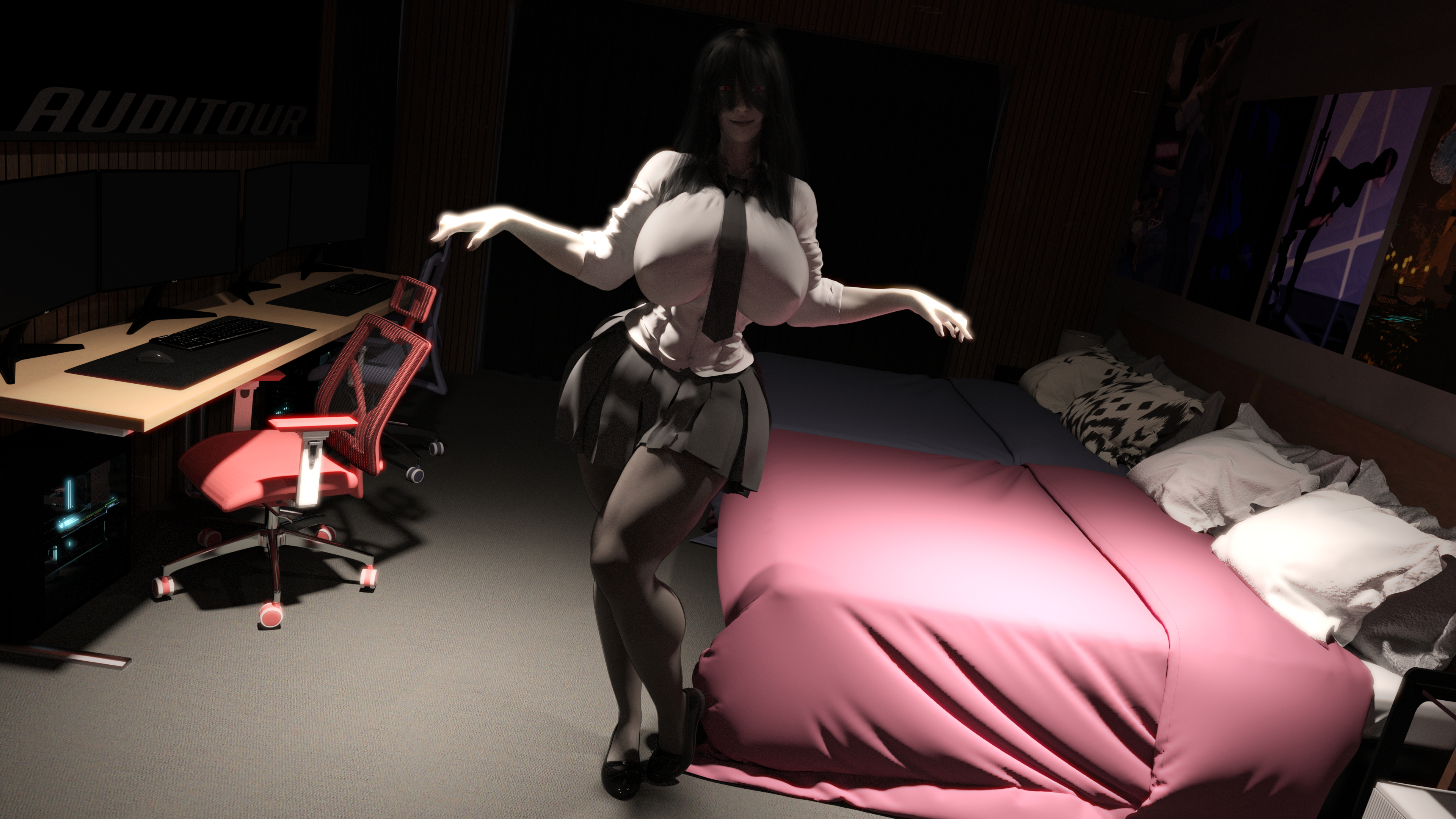 Iris Uniformed  Ghost Huge Breasts Huge Ass Glowing Eyes Abs Muscles Tall Long Hair Mirror Sfw