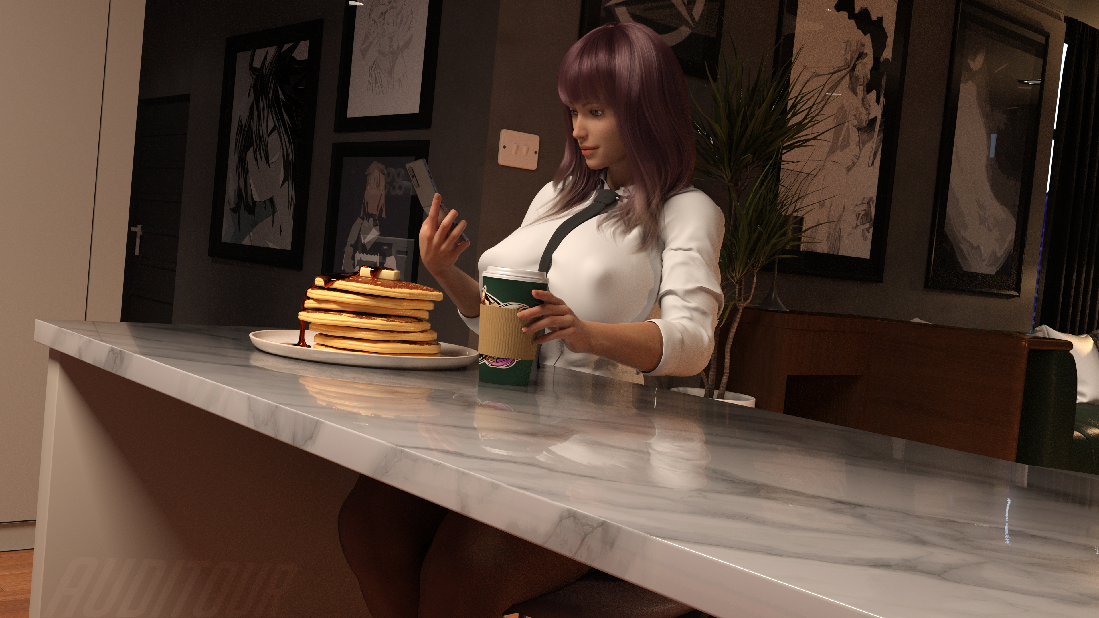 Sophie Morning Time Sophie Sfw Huge Breasts Huge Ass Abs Muscles Tall Sitting Pup Clothed Skirt Food