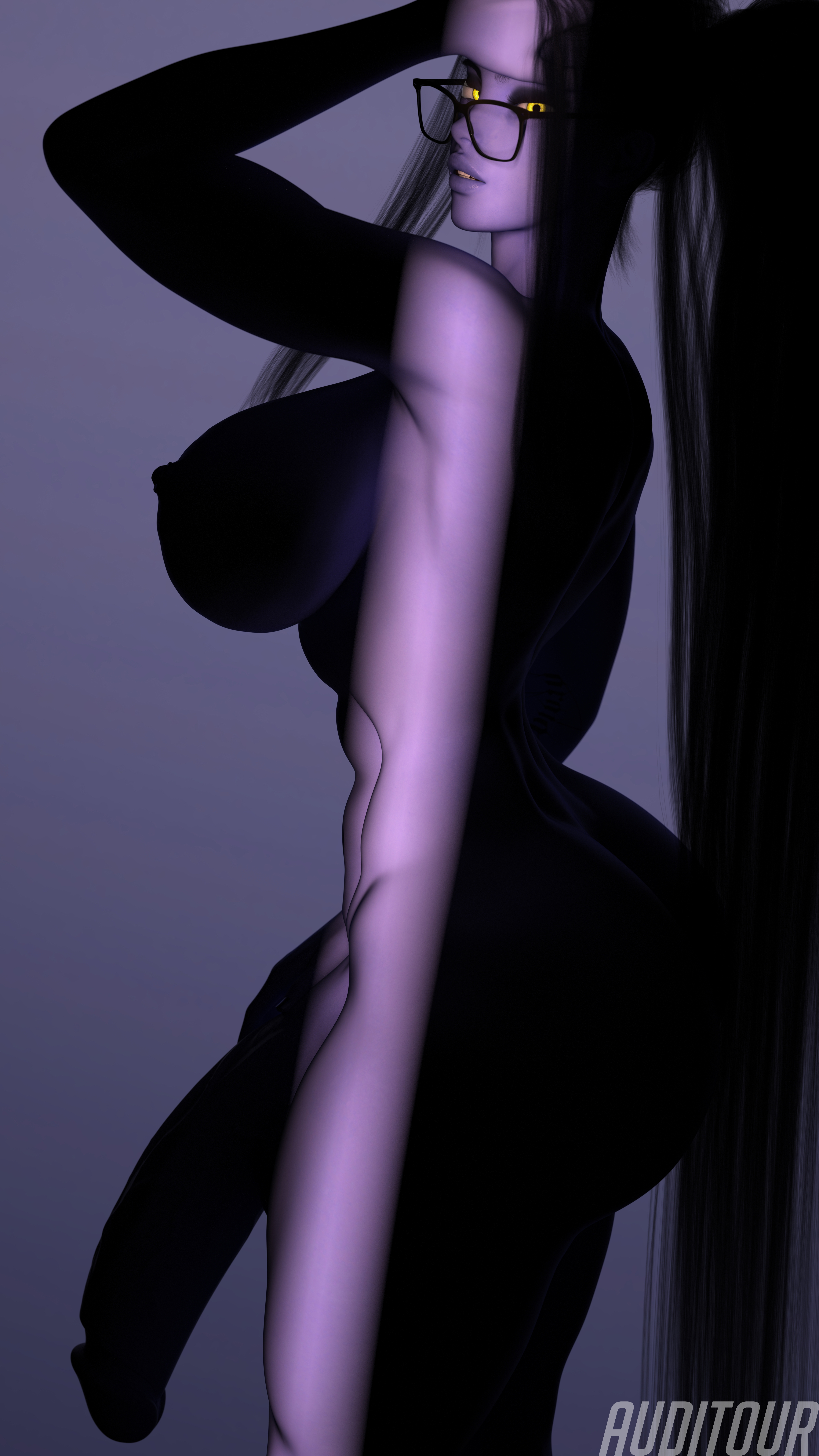 Widowmaker Slim Light Widowmaker Amelie Lacroix Huge Breasts Huge Ass Abs Muscles Tall Glowing Eyes Glasses Ponytail Long Hair Purple Skin Futa Huge Cock