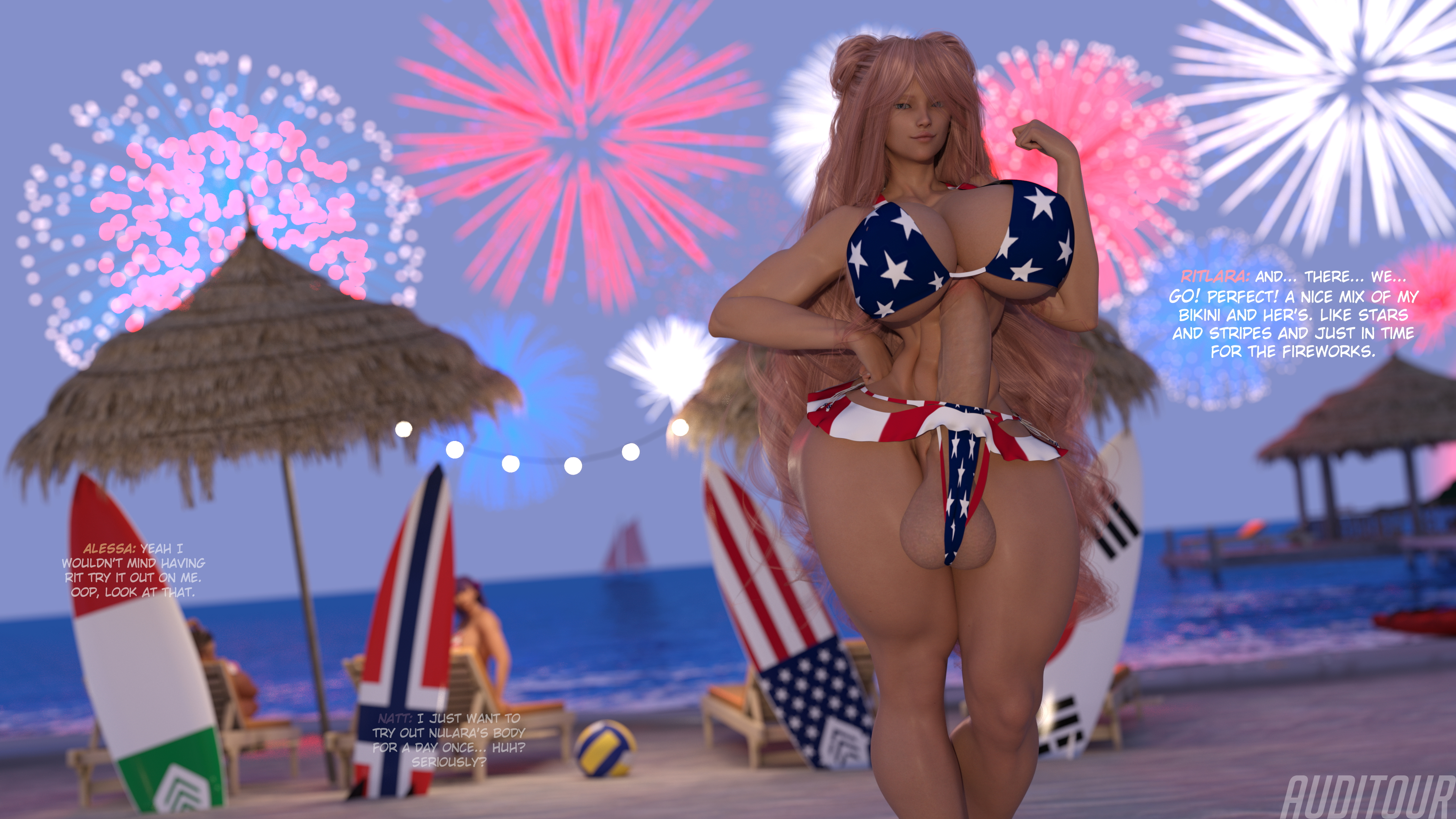 Stars and Stripes Takeover  Huge Breasts Huge Ass Huge Cock Possession Abs Muscles Tall Female Futa Breast Expansion Ass Expansion Pink Hair Bikini Fire 4