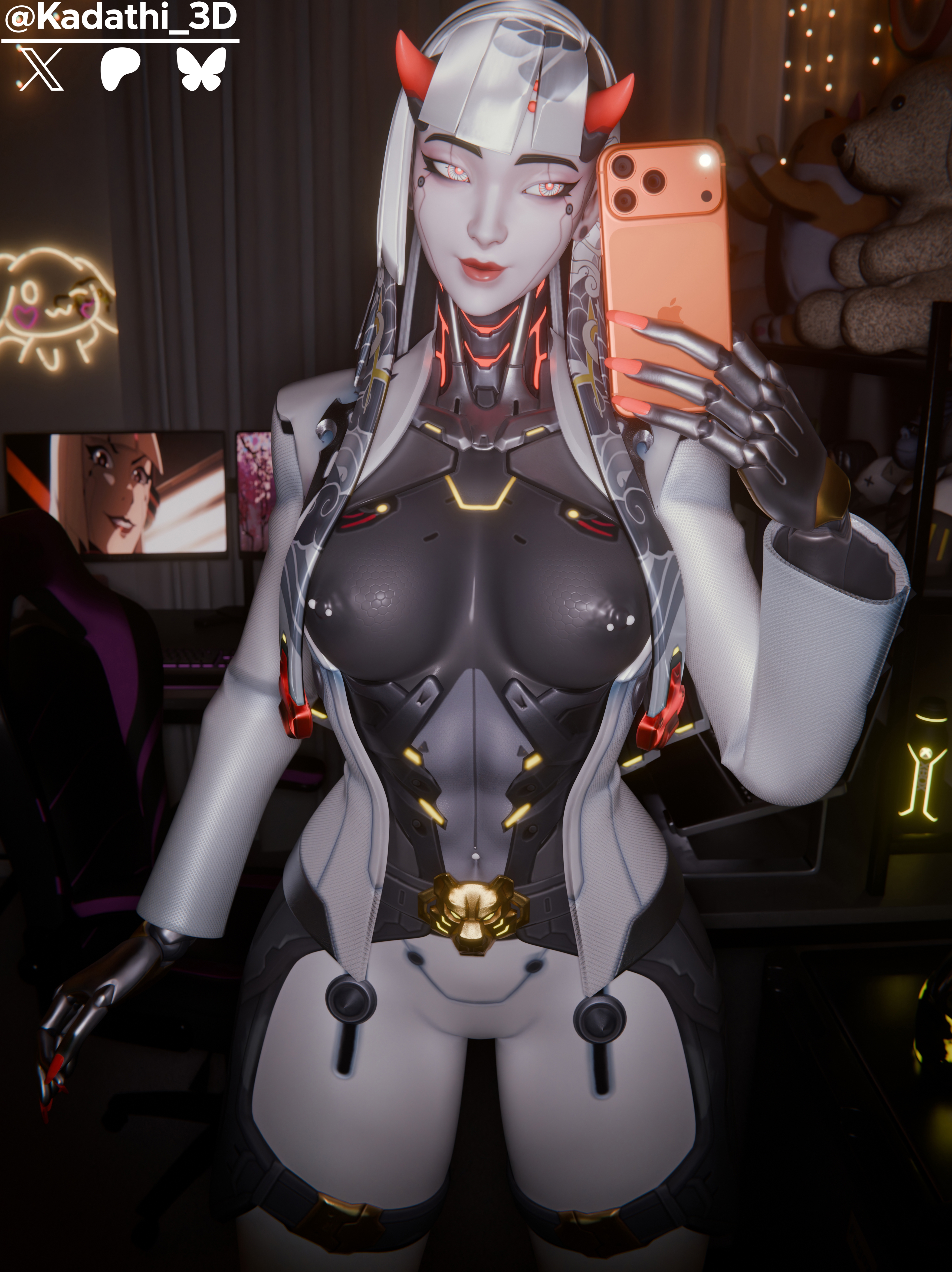 Shion – Overwatch | Blender 3D NSFW Overwatch Overwatch 2 Woman Omnic 1girl Solo Solo Female Female Girl Cyborg Robot Robot Girl Horns White Hair Long Hair Glowing Eyes Red Eyes Selfie Iphone Smartphone Breasts Boobs Tits Big Breasts Big Boobs Big Tits Sexy Sexy Woman Bodysuit Glowing Indoor Bedroom Smile Neon Lights Pinup Photo Video Games Cheeks Neck Abs Lipstick Nipples Piercing Nipple Piercing Belly Toned Female Athletic Female Japanese