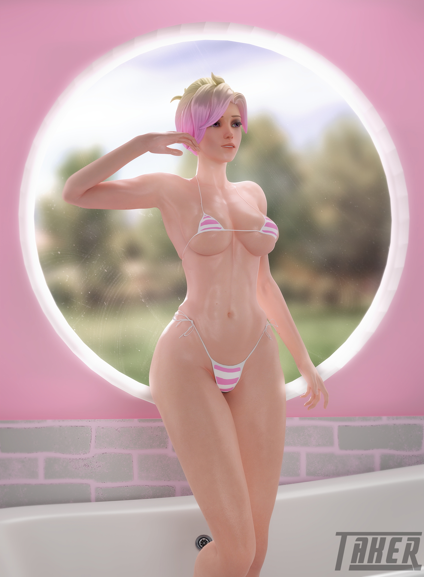 Pink suits her! Overwatch Mercy 3d Porn Natural Boobs Natural Tits Swimsuit Pink Sexy