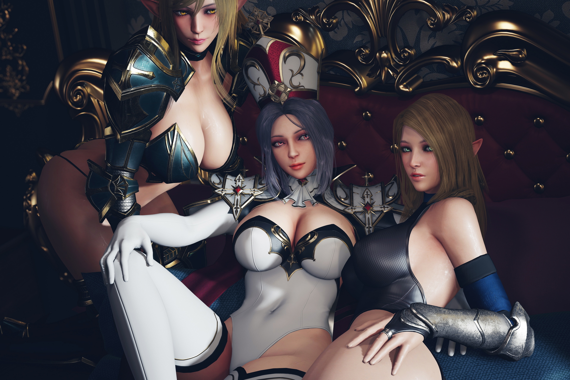 High Priestess and her elf knights. League Of Legends High Priestess Elf Naked Pussy Boobs Armor Blonde Nude Sweat Big Tits Big Breasts Close Up