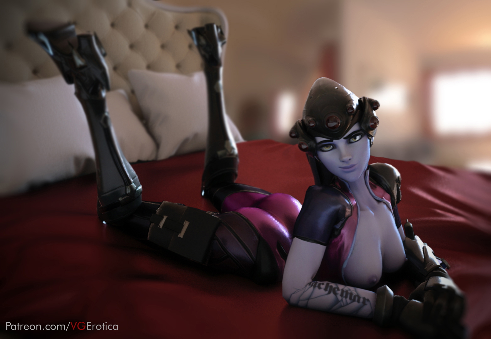 Widow on Bed Overwatch Widowmaker 3d Porn Pinup Sexy On Bed Boobs Tits Topless