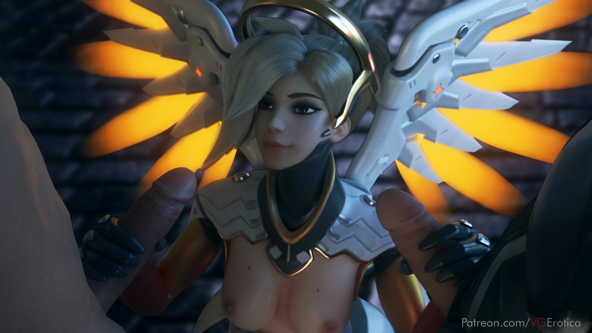 Mercy Double Handjob Overwatch Mercy 3d Porn Double Penis Handjob Masturbating Threesome Natural Boobs Natural Tits