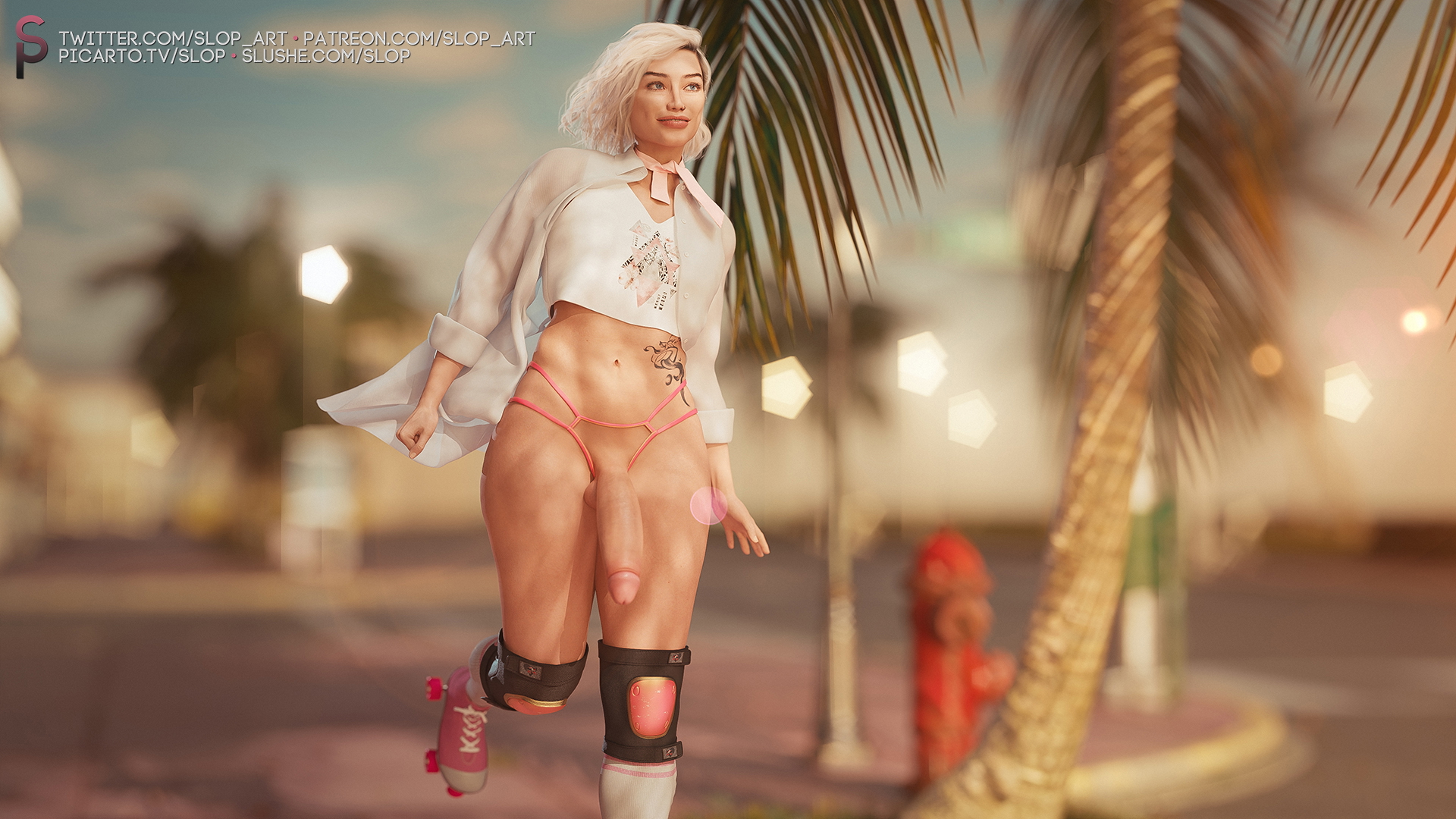Ocean Drive Slushe 3d Porn Futanari Futa Big Cock Bwc Big Tits Big Breasts Small Tits Pink Nipples Gym Muscular Girl Swimsuit 2