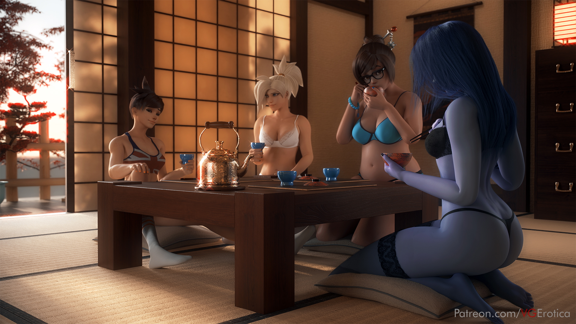 Tea time OW ed. Overwatch Mercy Widowmaker Mei (Overwatch) Tracer 3d Porn Naked Nude Socks Natural Boobs Natural Tits Small Breasts Ass Big Booty 2