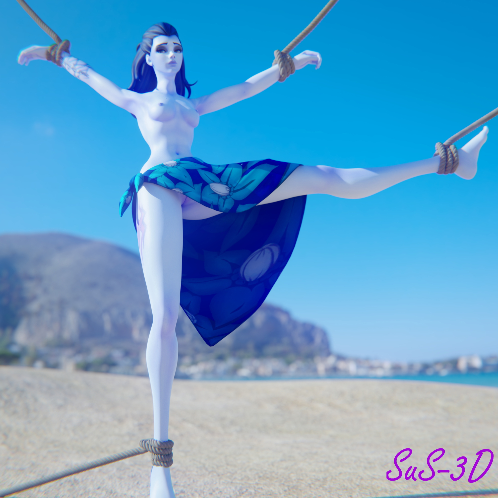 Widow tied at the beach Overwatch Widowmaker Rope Bondage Tied Feet Open legs Long Legs