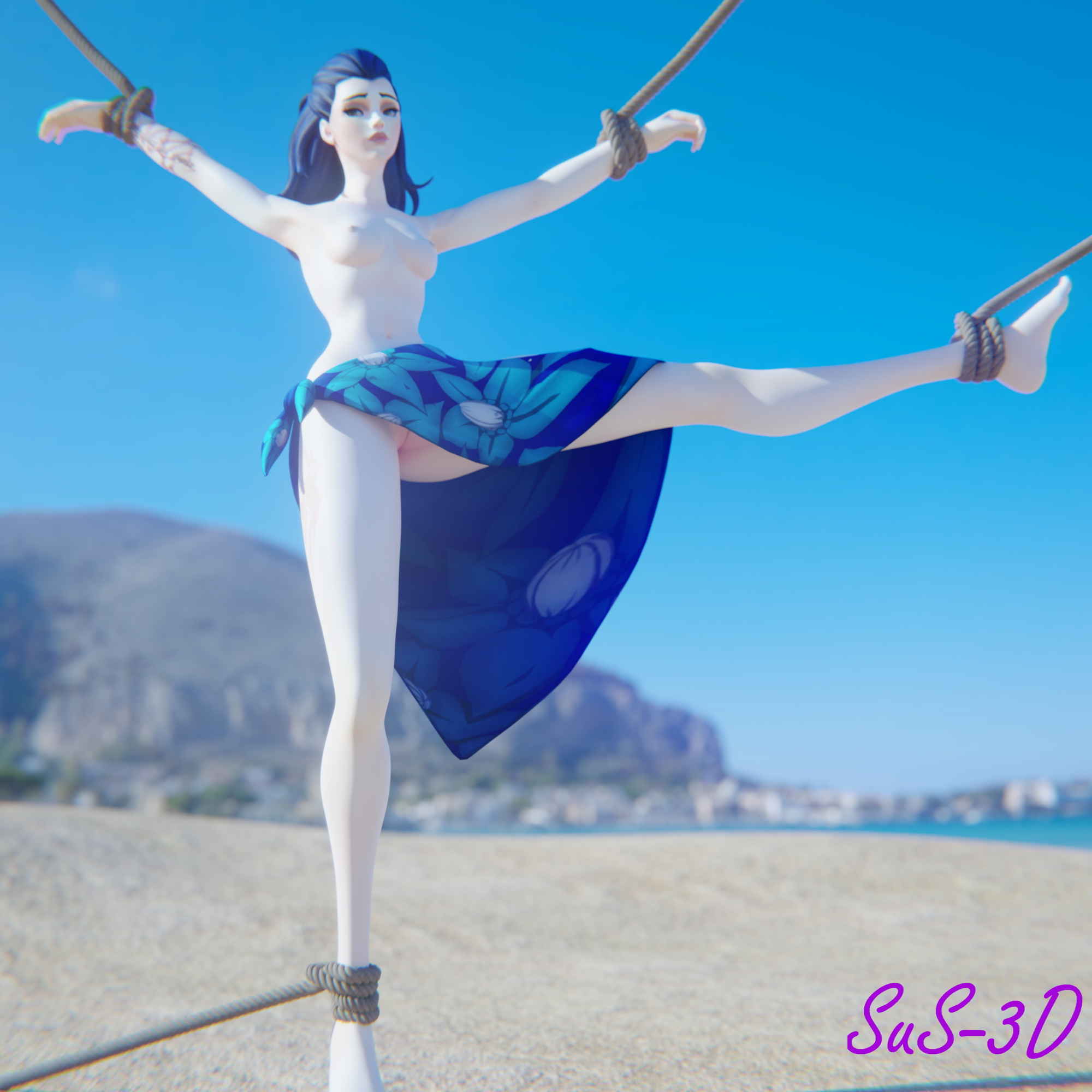 Widow tied at the beach Overwatch Widowmaker Rope Bondage Tied Feet Open legs Long Legs 2