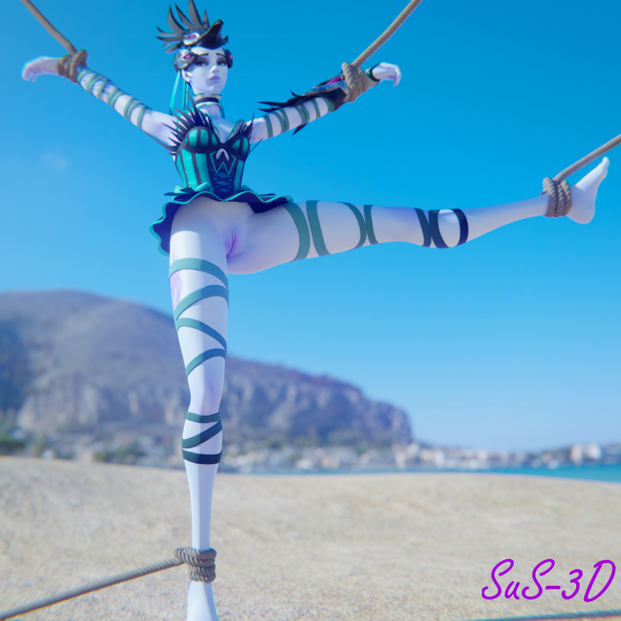 Widow tied at the beach Overwatch Widowmaker Rope Bondage Tied Feet Open legs Long Legs 3